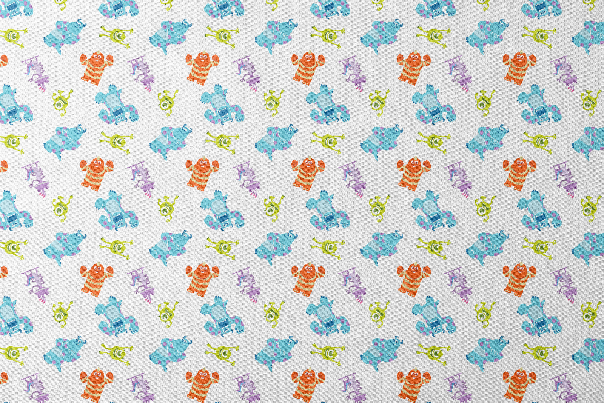 Cartoon monsters pattern with colorful characters - blue, green, purple and orange creatures on white background designs flat mockup