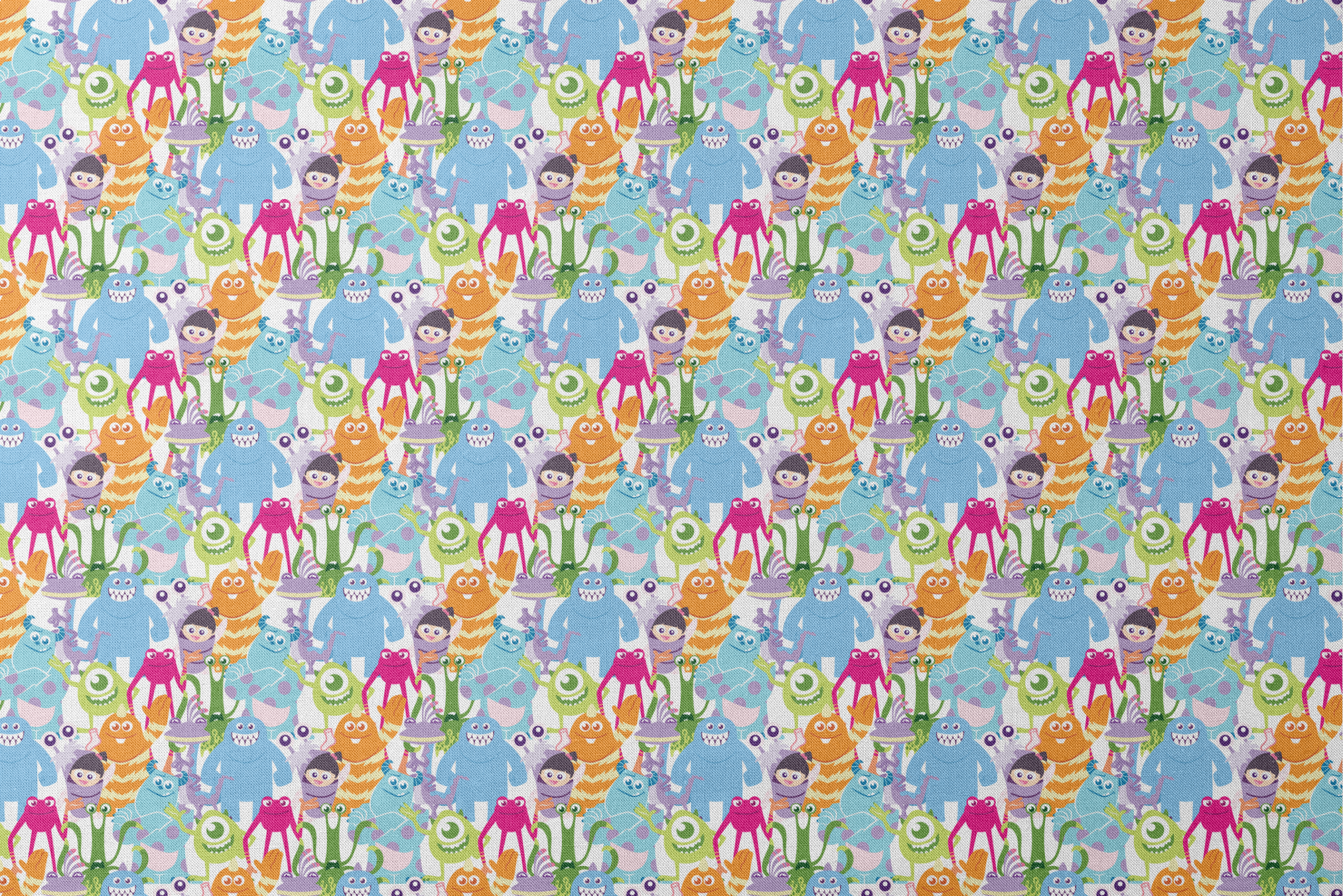 Colorful Monsters Inc pattern with various shapes, sizes and bright colors like blue, pink, orange and green. designs flat mockup