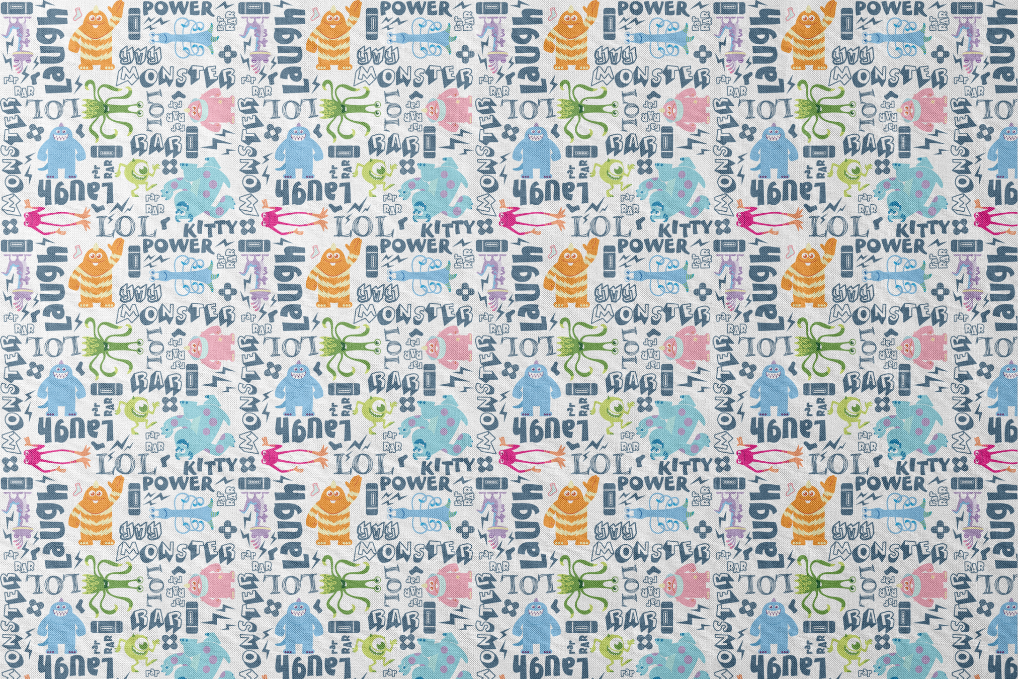 Colorful Monsters Inc doodle pattern with playful characters and text like "Laugh," "Power," and "Monster" in blue and vibrant colors. designs flat mockup
