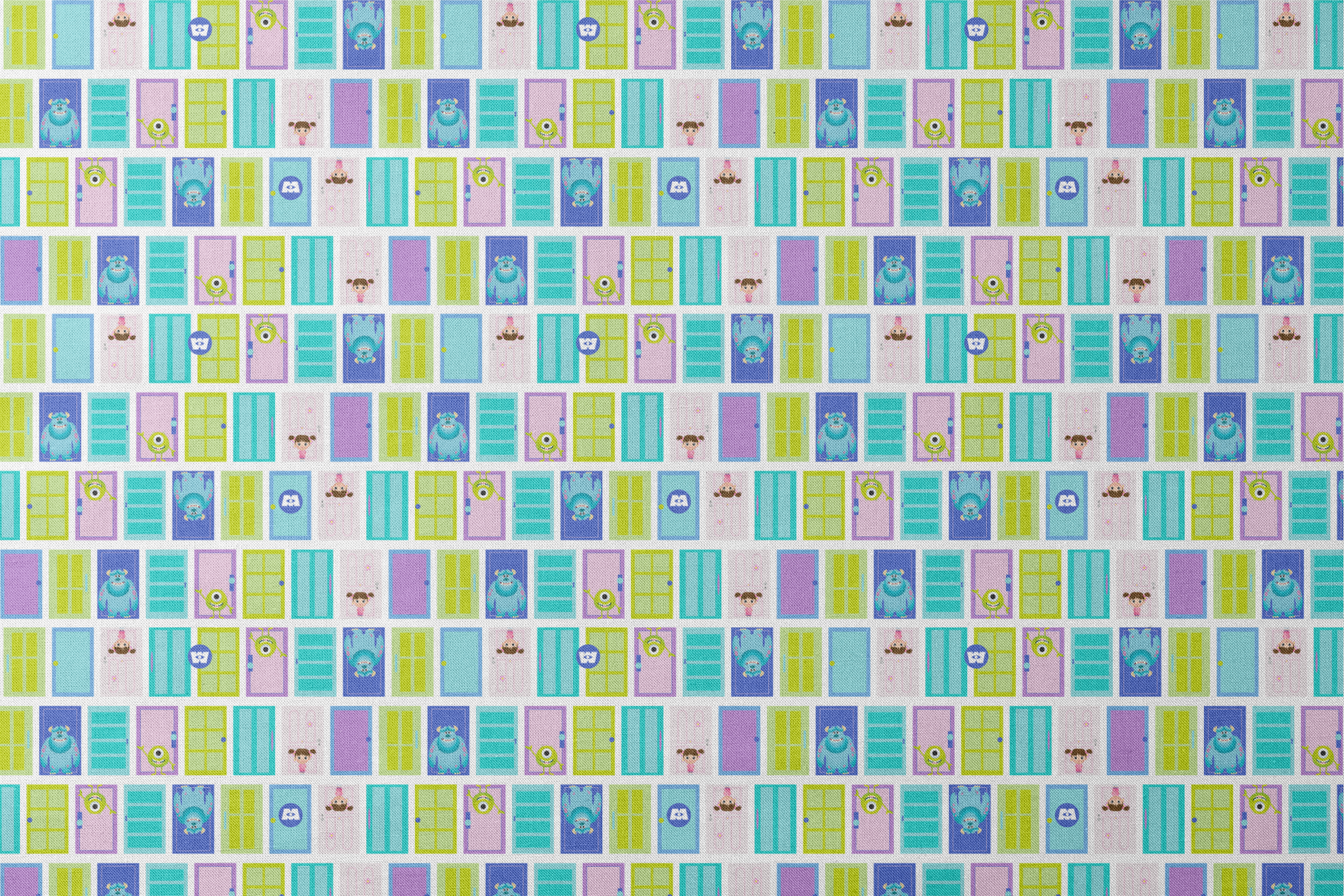 Colorful cartoon monster doors pattern inspired by Monsters Inc. with teal, purple, and green doors designs flat mockup