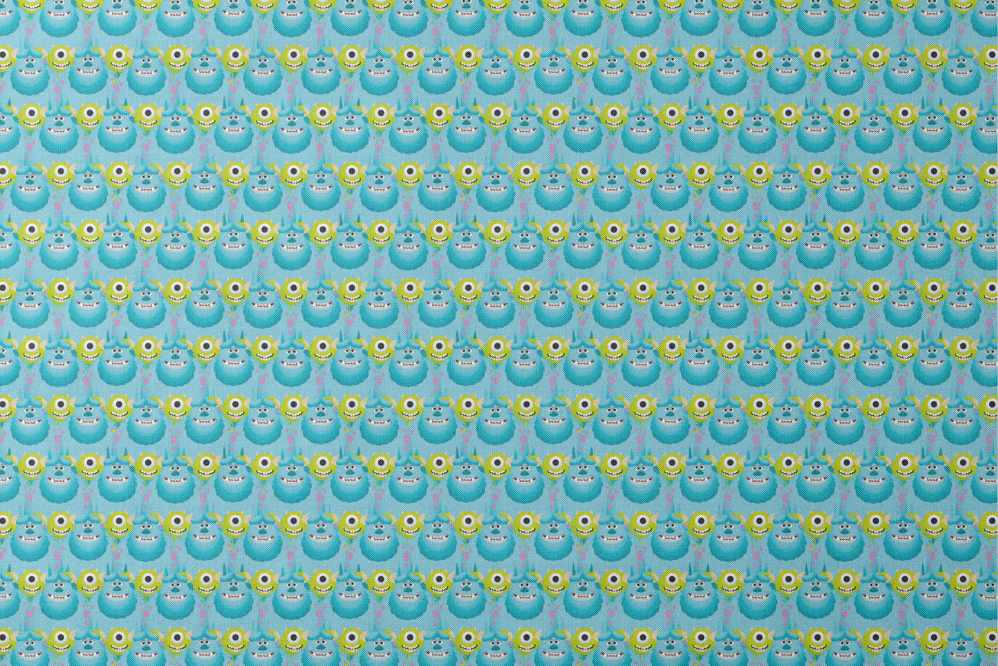 Repeating pattern of Monsters Inc characteres - Mike & Sulley on light blue background. designs flat mockup