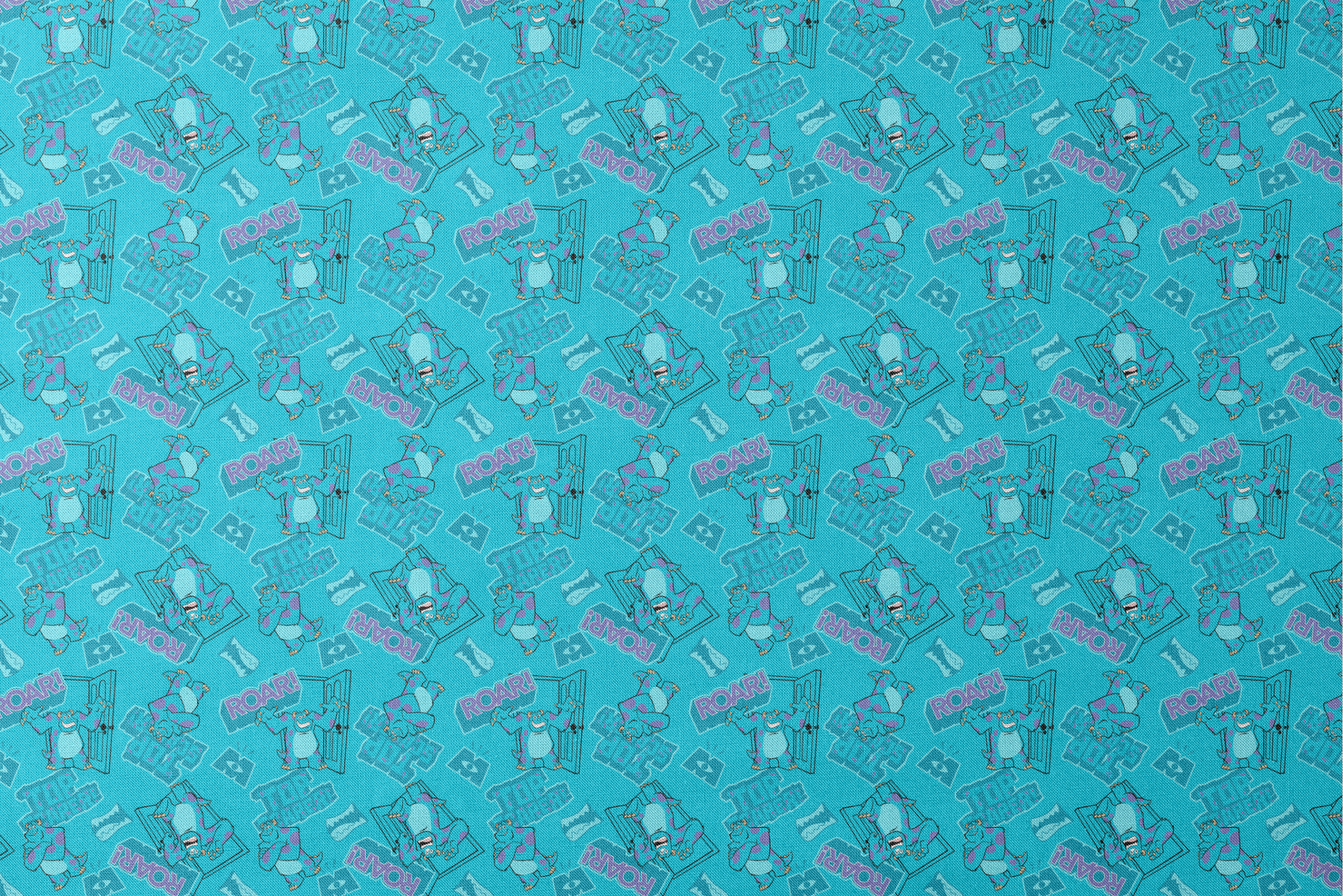 Monsters Inc's Sulley with "Roar" text and doorway motifs from movie designs flat mockup