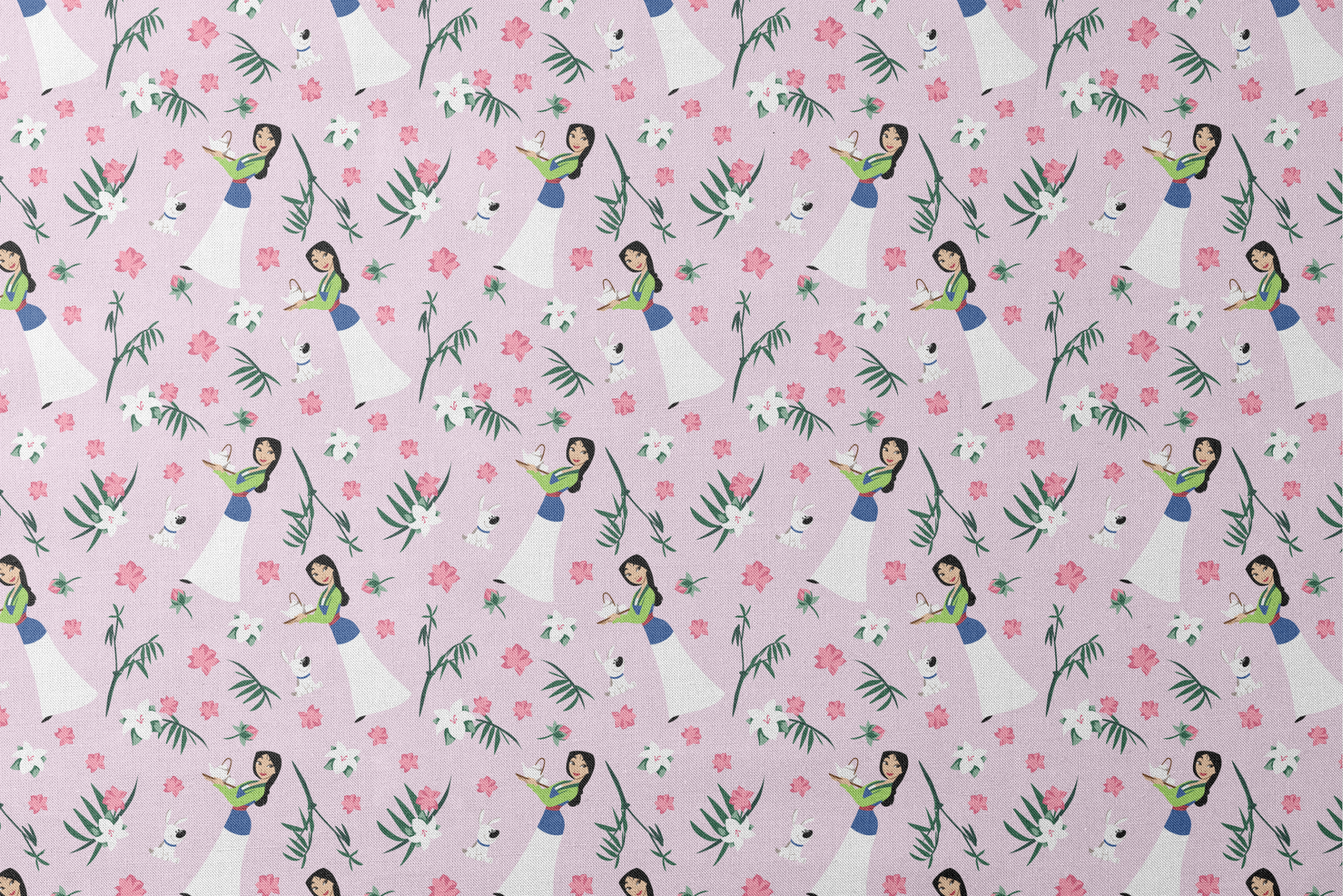 Illustrated pattern on light purple background with cartoon figures in white dresses, pink flowers, green palm leaves, and white rabbits. designs flat mockup