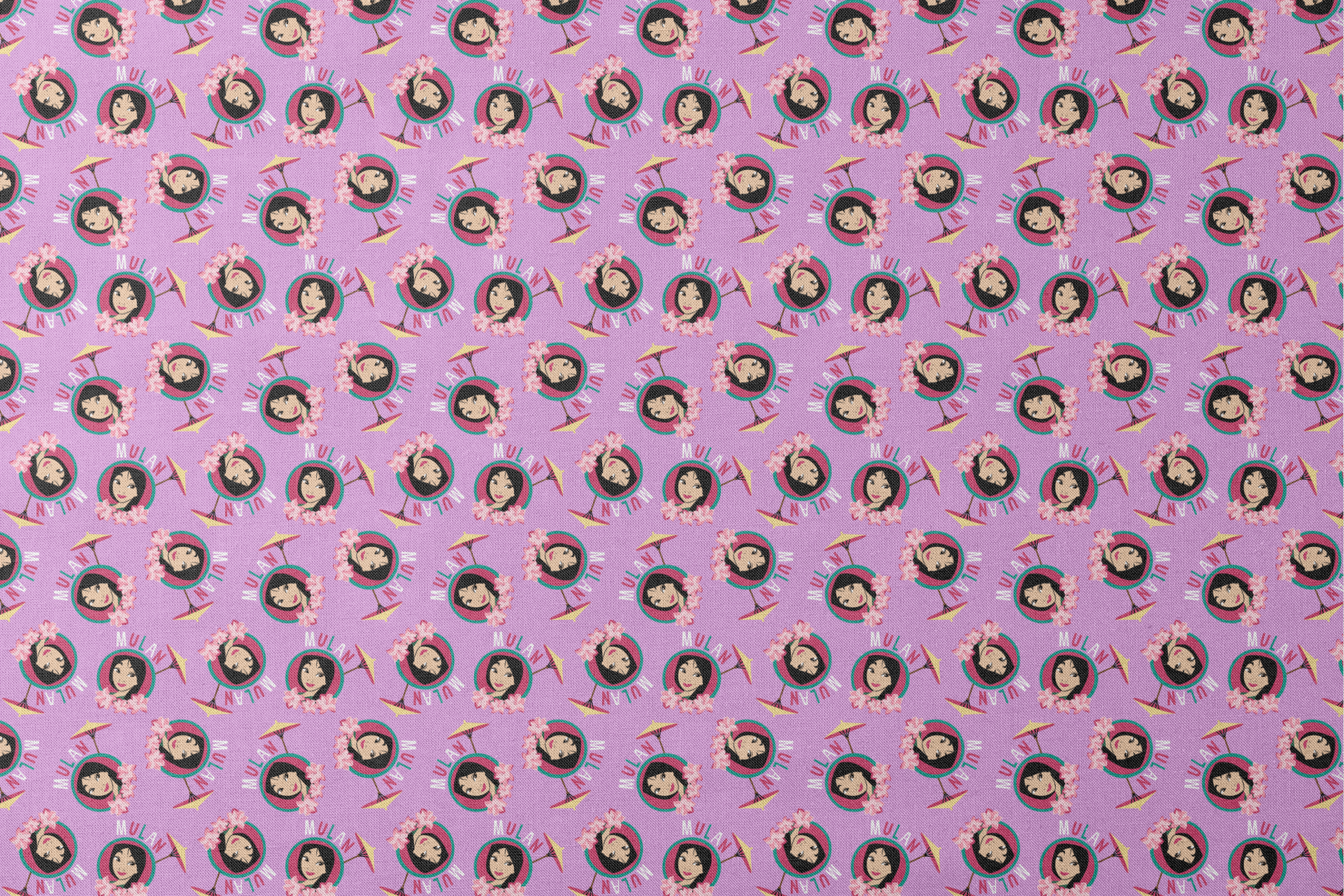 Animated character portrait pattern on purple background with pink flowers and yellow parasols designs flat mockup