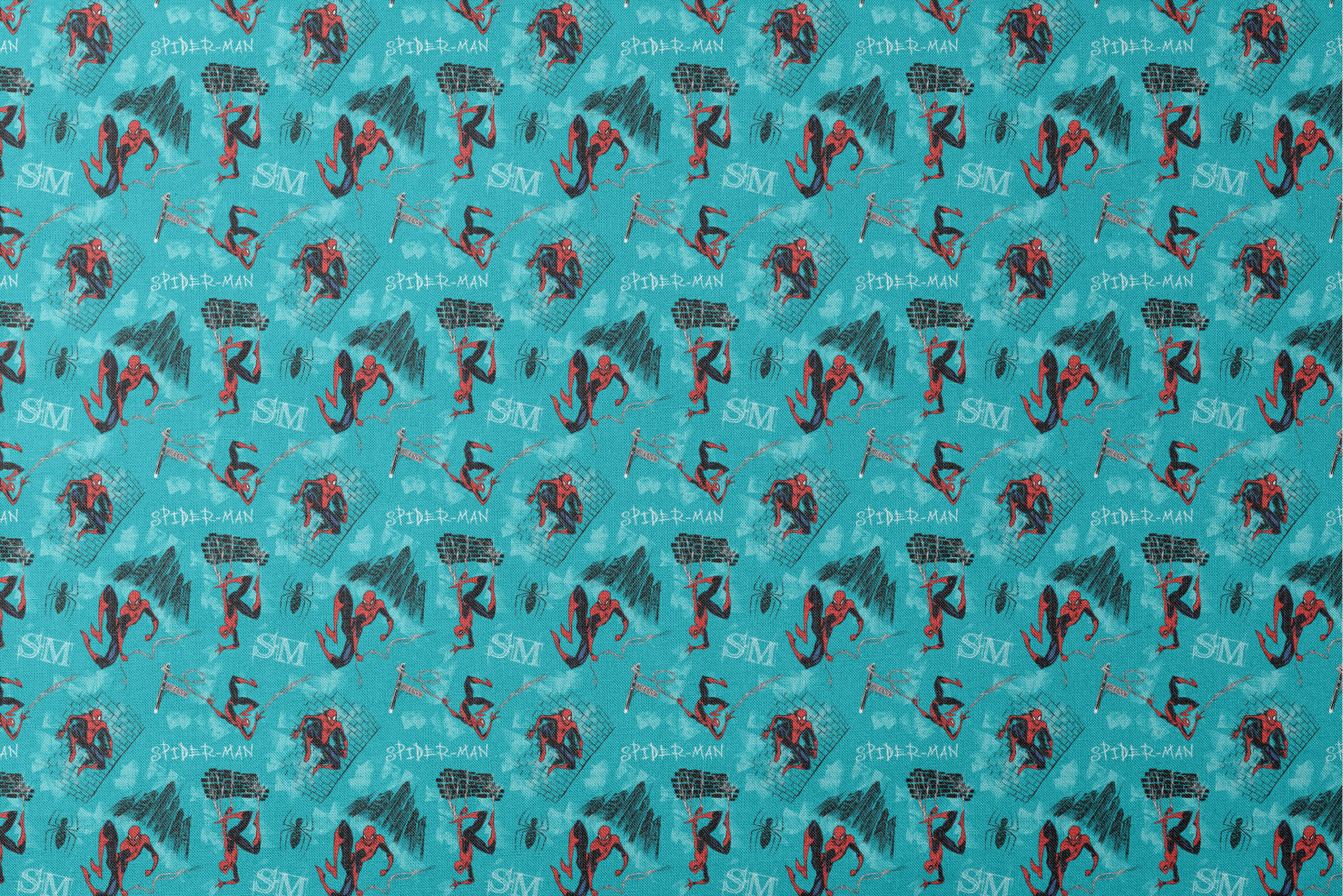 Spider-Man pattern on turquoise background with multiple poses, web designs, and logos designs flat mockup