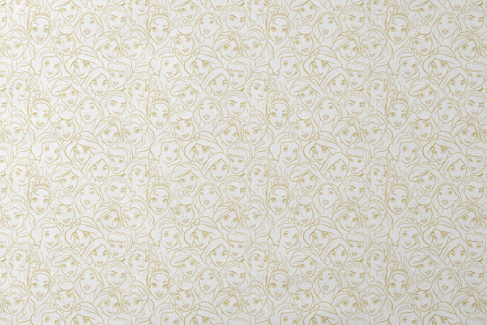 Golden line art of Disney princesses in an overlapping collage pattern with expressive facial features. designs flat mockup