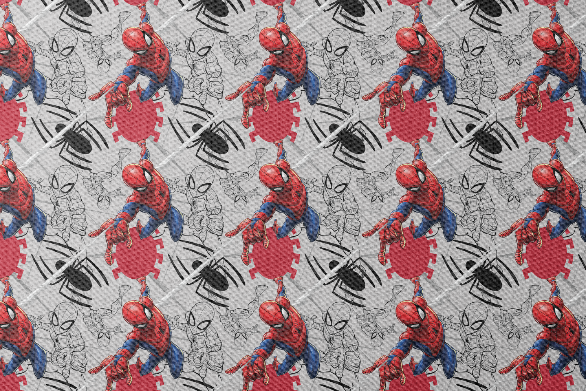 Spider-Man in various poses, including colored and line art illustrations on a red and gray background designs flat mockup
