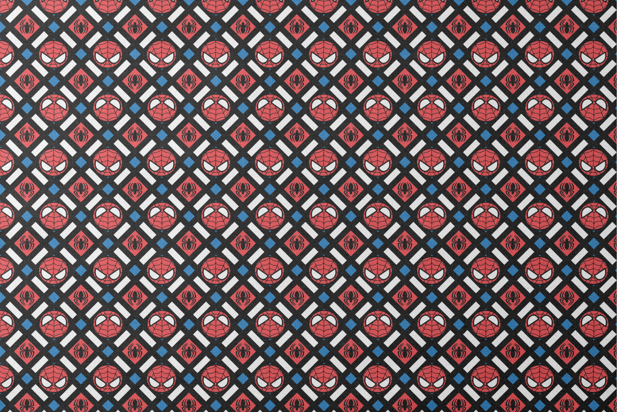 Spider-Man pattern with red masks, spider symbols, webs on black background with white X shapes and blue diamonds designs flat mockup
