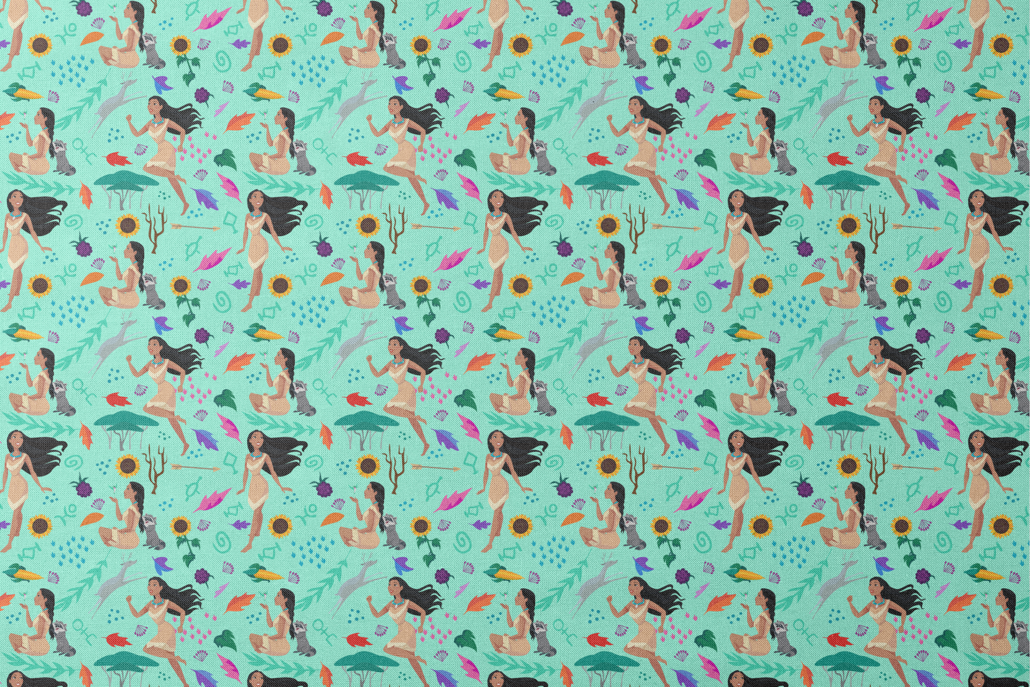 Colorful pattern with figures in nature motifs featuring sunflowers, leaves, and flowing design elements on turquoise background designs flat mockup