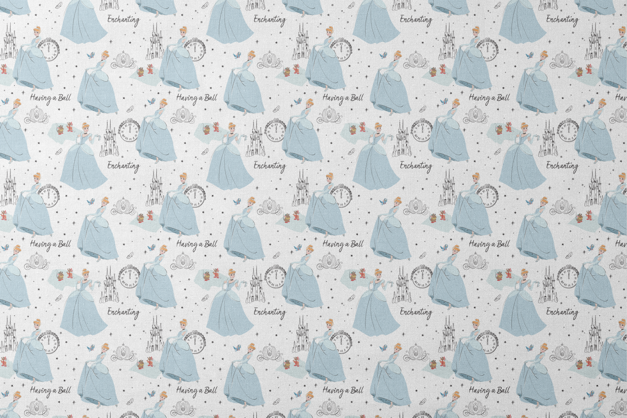 Whimsical pattern featuring cartoon princess in blue gown, clocks, castles, carriages and "Enchanting" text on white background designs flat mockup
