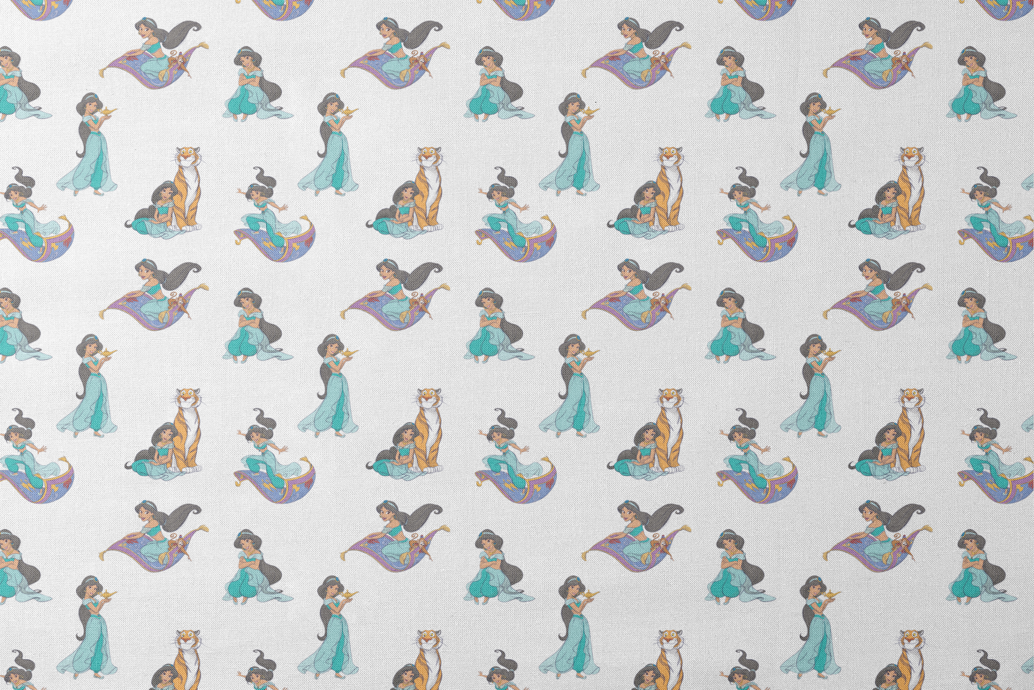 Cartoon pattern featuring a princess in teal outfit with long black hair in various poses with a magic carpet and tiger designs flat mockup