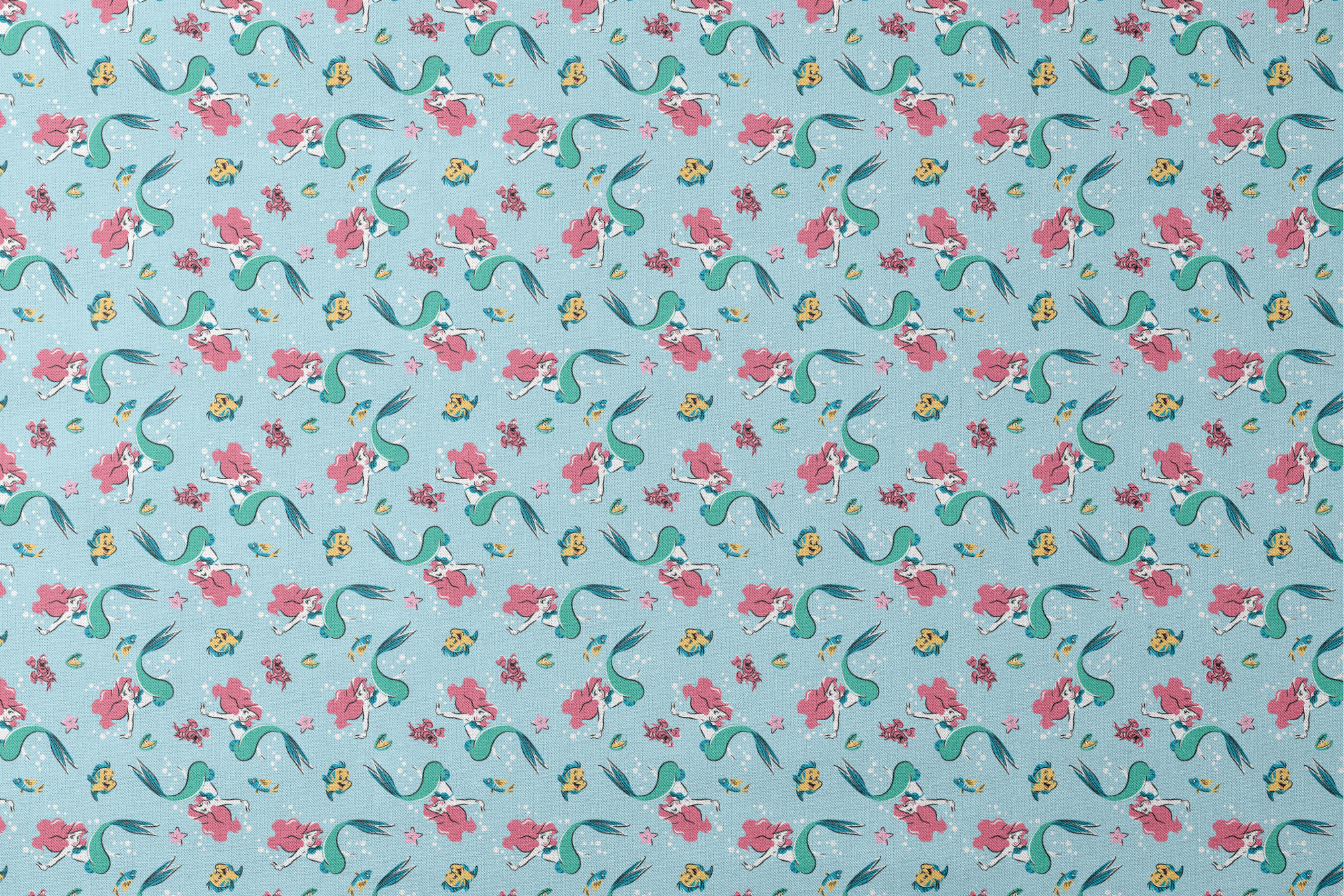 Underwater pattern with colorful mermaids, tropical fish, crabs, and starfish on light blue background designs flat mockup