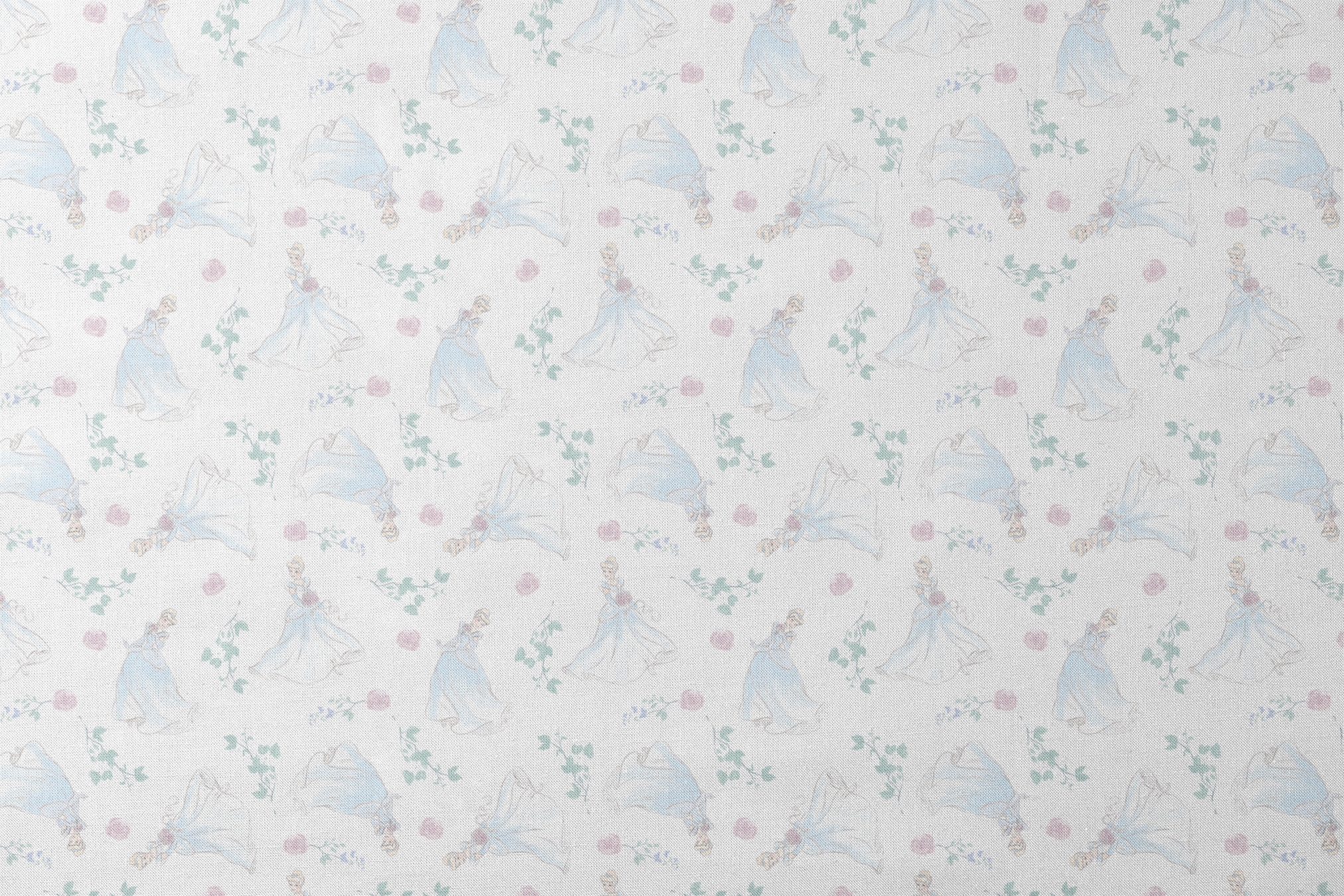 Delicate pattern of flowing blue dresses, pink roses, and mint green foliage on a light background designs flat mockup