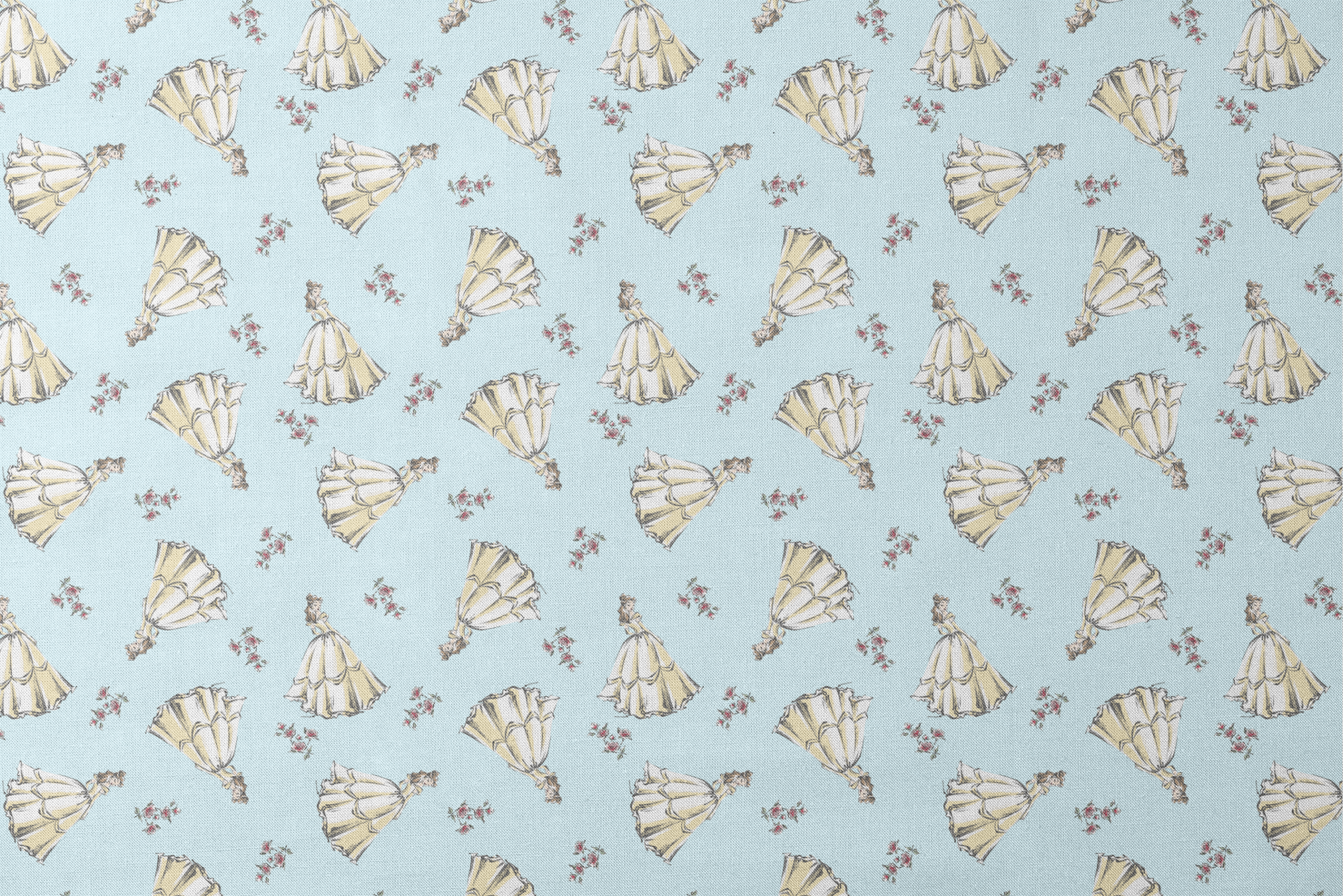 Light yellow pleated bell-shaped objects with small pink floral accents scattered on pale blue background designs flat mockup
