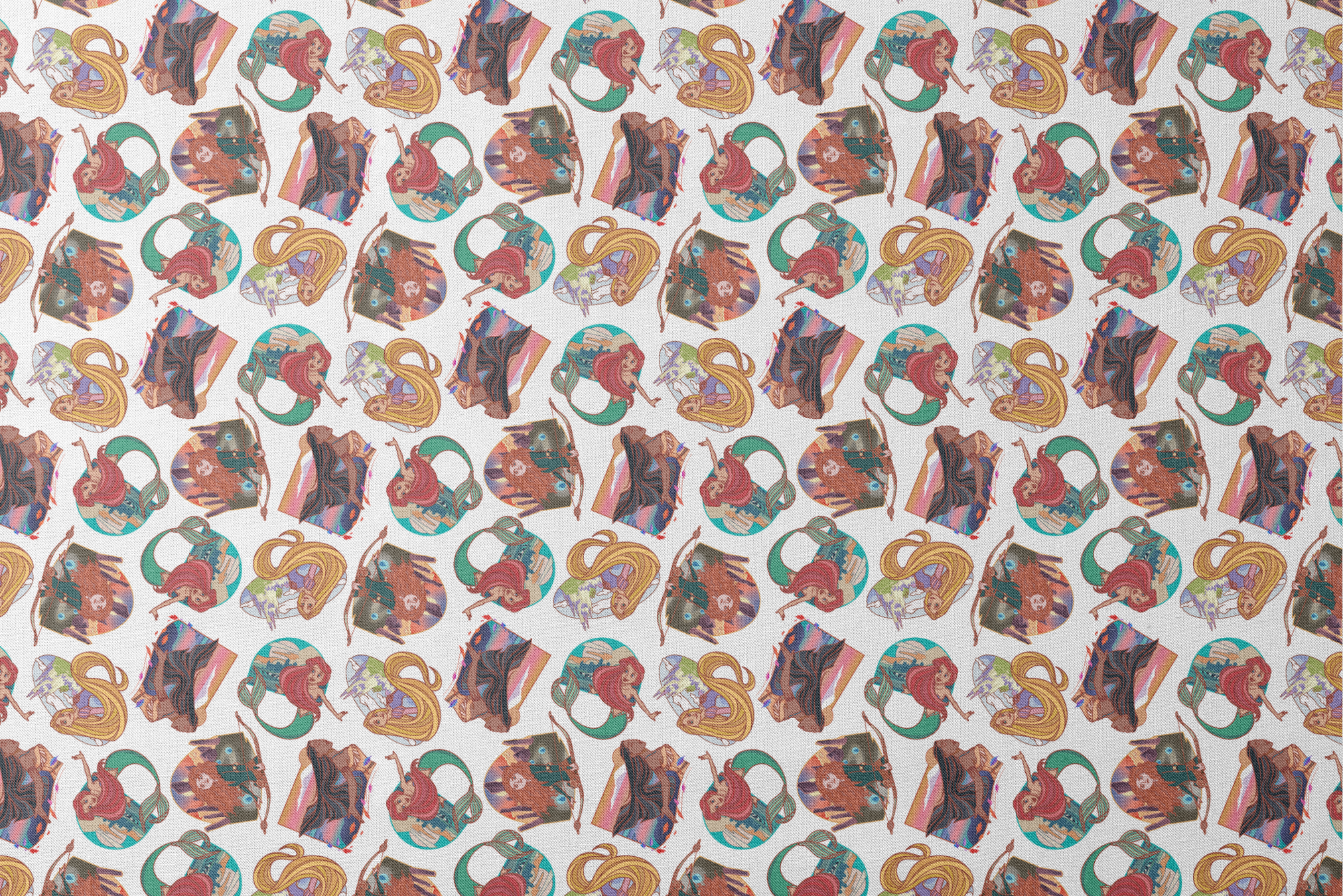 Colorful illustrated pattern of Disney princesses with curved decorative elements on white background designs flat mockup