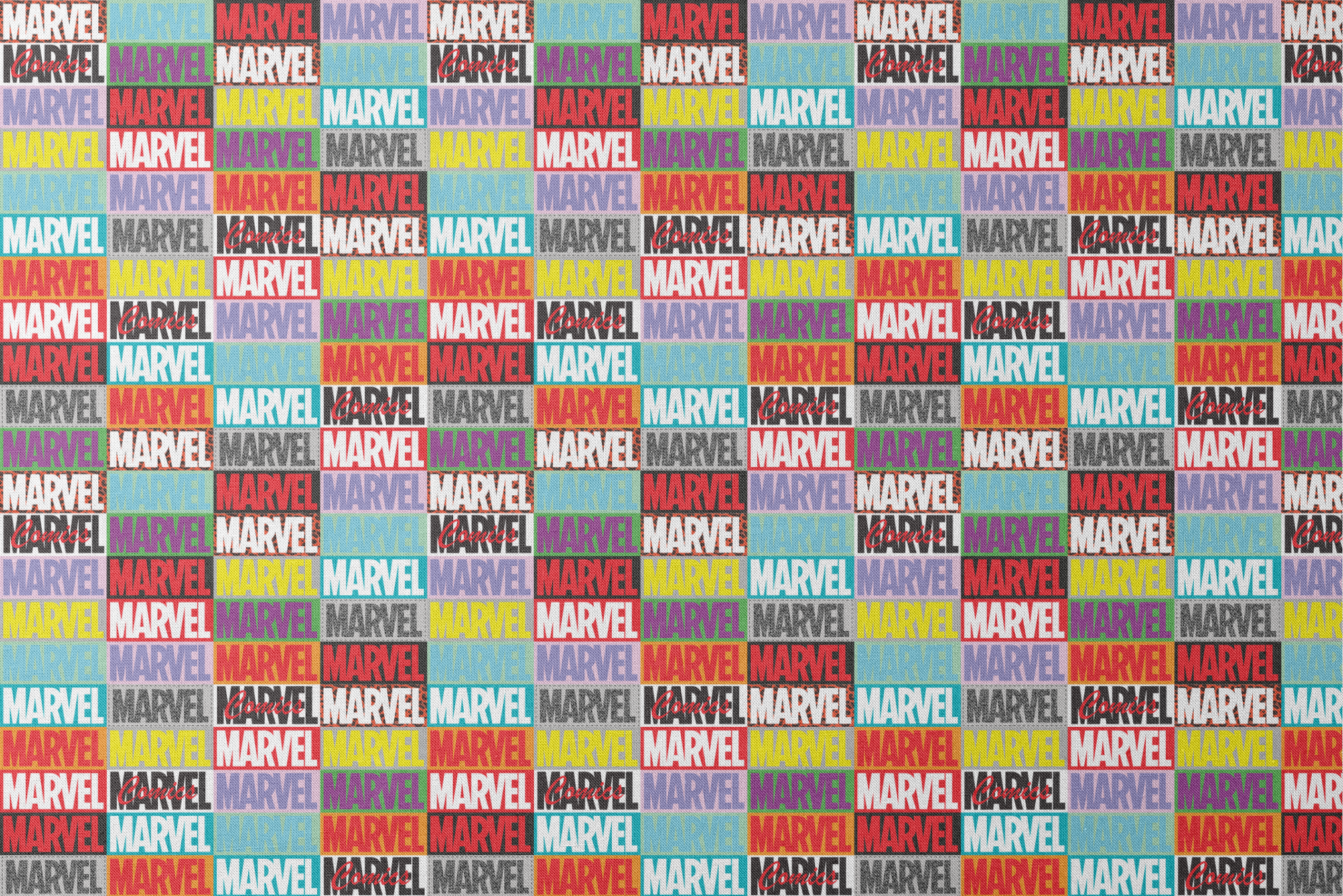 Colorful grid pattern of Marvel logos in various colors including red, blue, yellow, teal, purple, and gray against contrasting backgrounds designs flat mockup