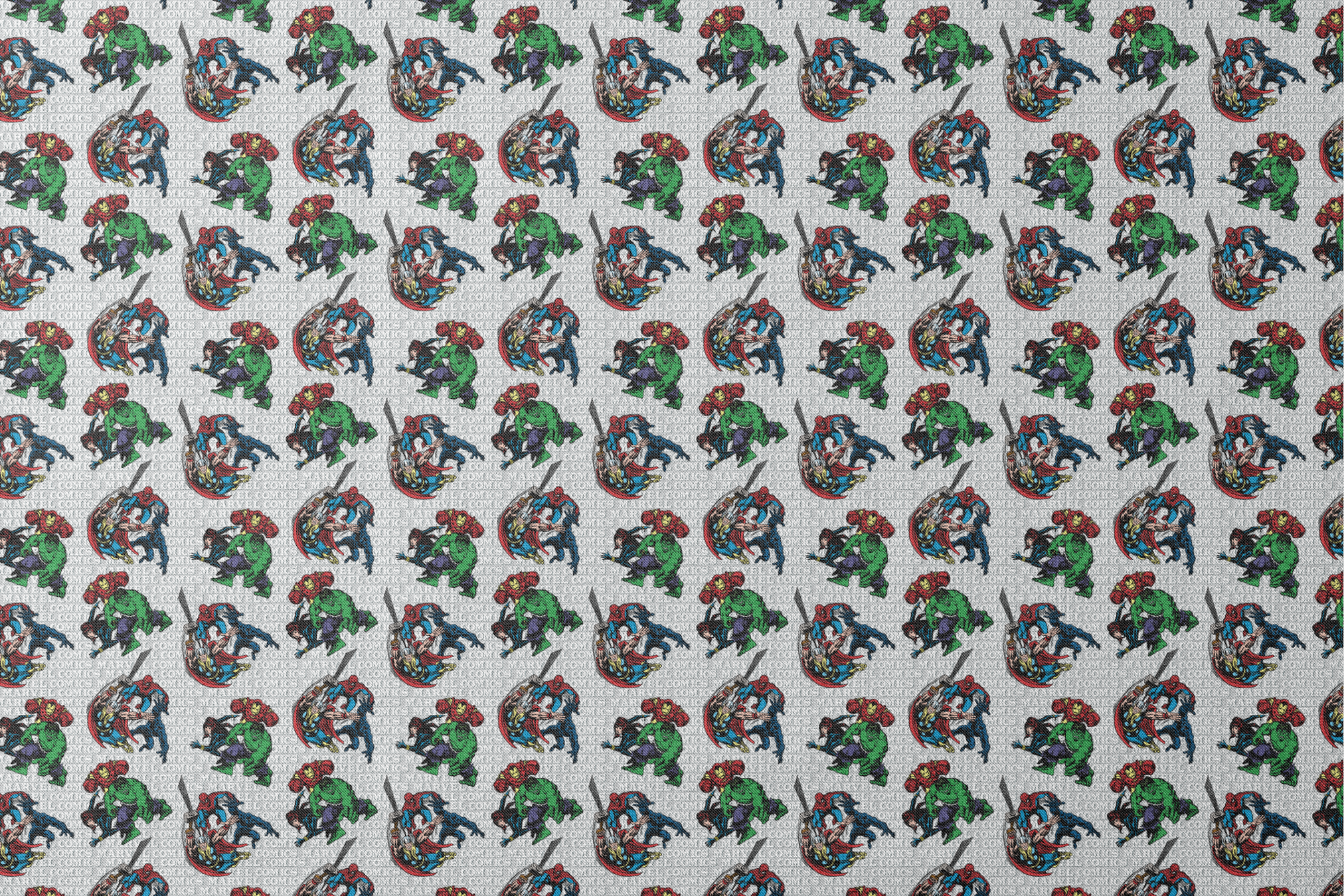 Marvel Comics superheroes pattern with Hulk, Iron Man, Captain America, and Spider-Man on a repeating text background. designs flat mockup