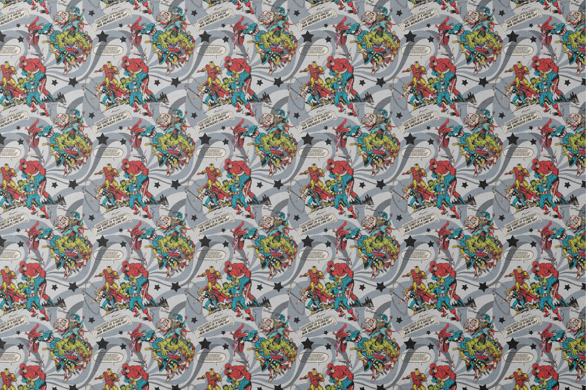 Colorful comic book style pattern with Marvel superheroes on gray background with stars and swirls designs flat mockup