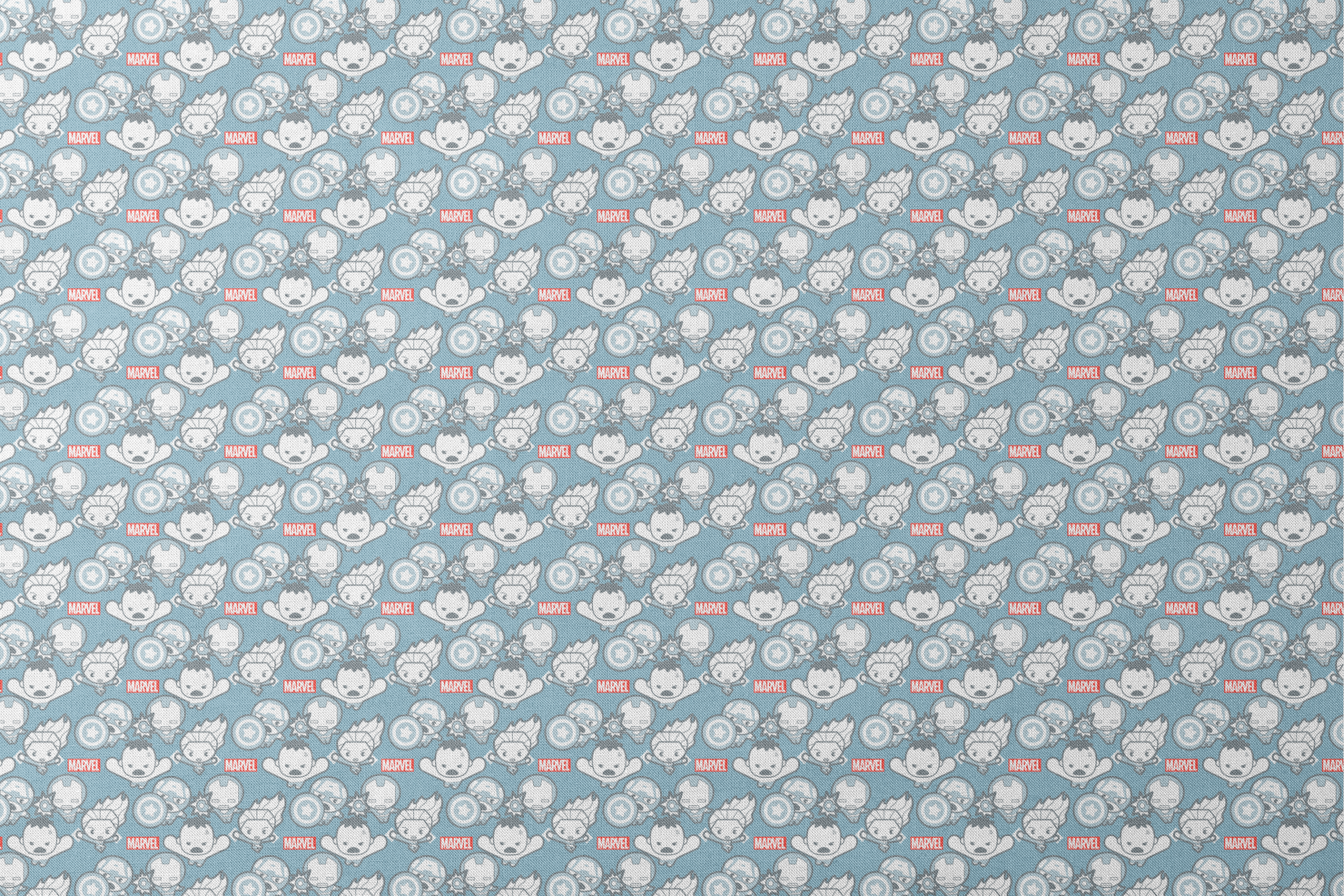 Marvel kawaii superhero pattern with cartoon characters, shields, and gear symbols on blue background designs flat mockup