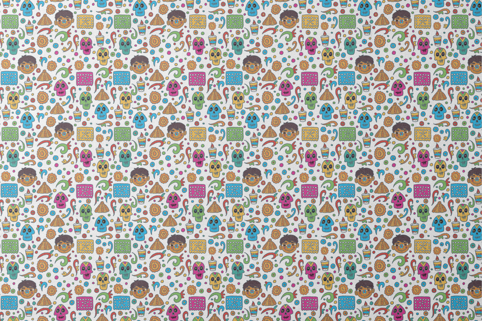 Colorful Coco pattern with sugar skulls, pyramids, swirls, flowers, and cartoon characters on white background designs flat mockup