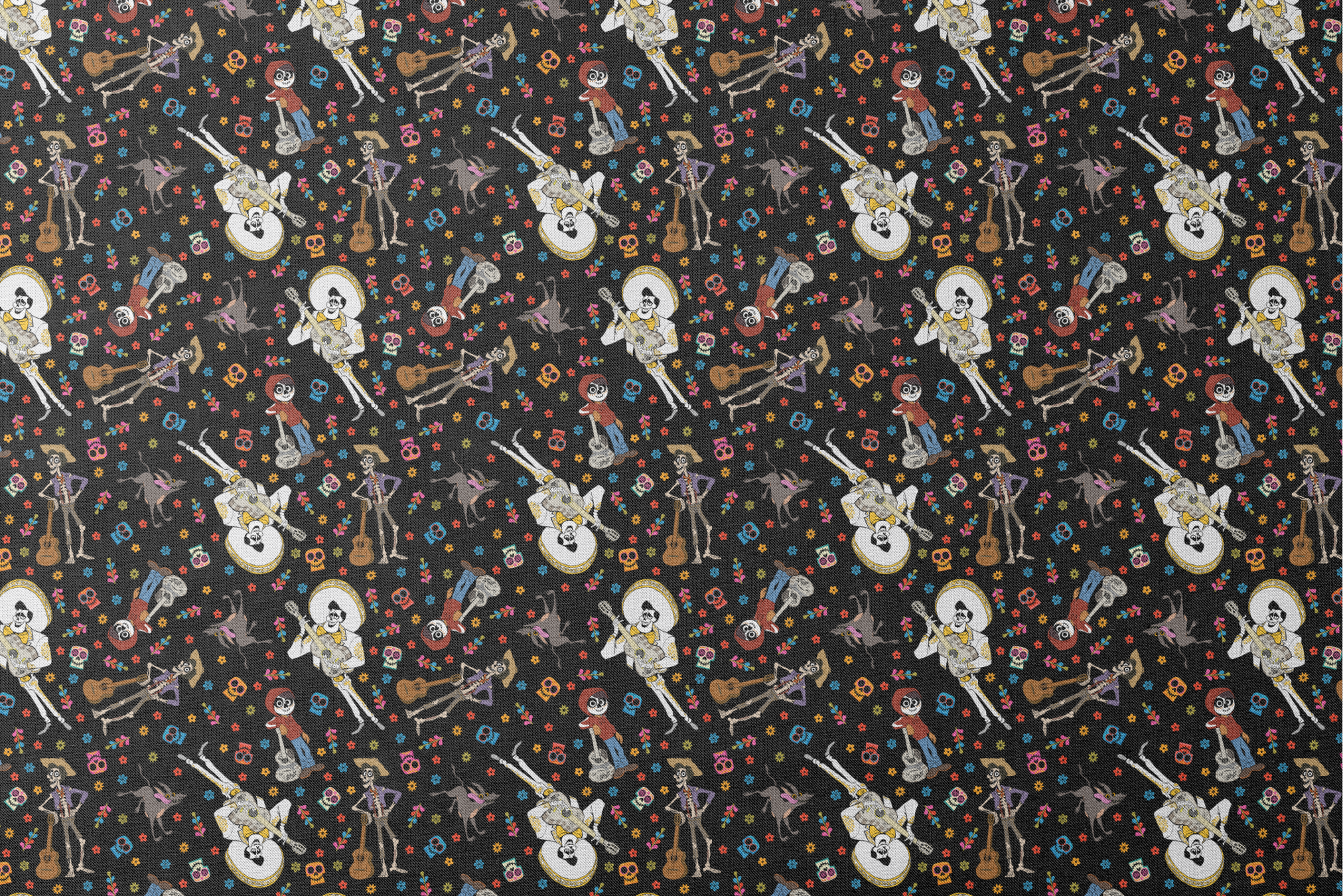 Colorful Coco Day of the Dead pattern with skeleton figures playing instruments, skulls, and flowers on black background designs flat mockup