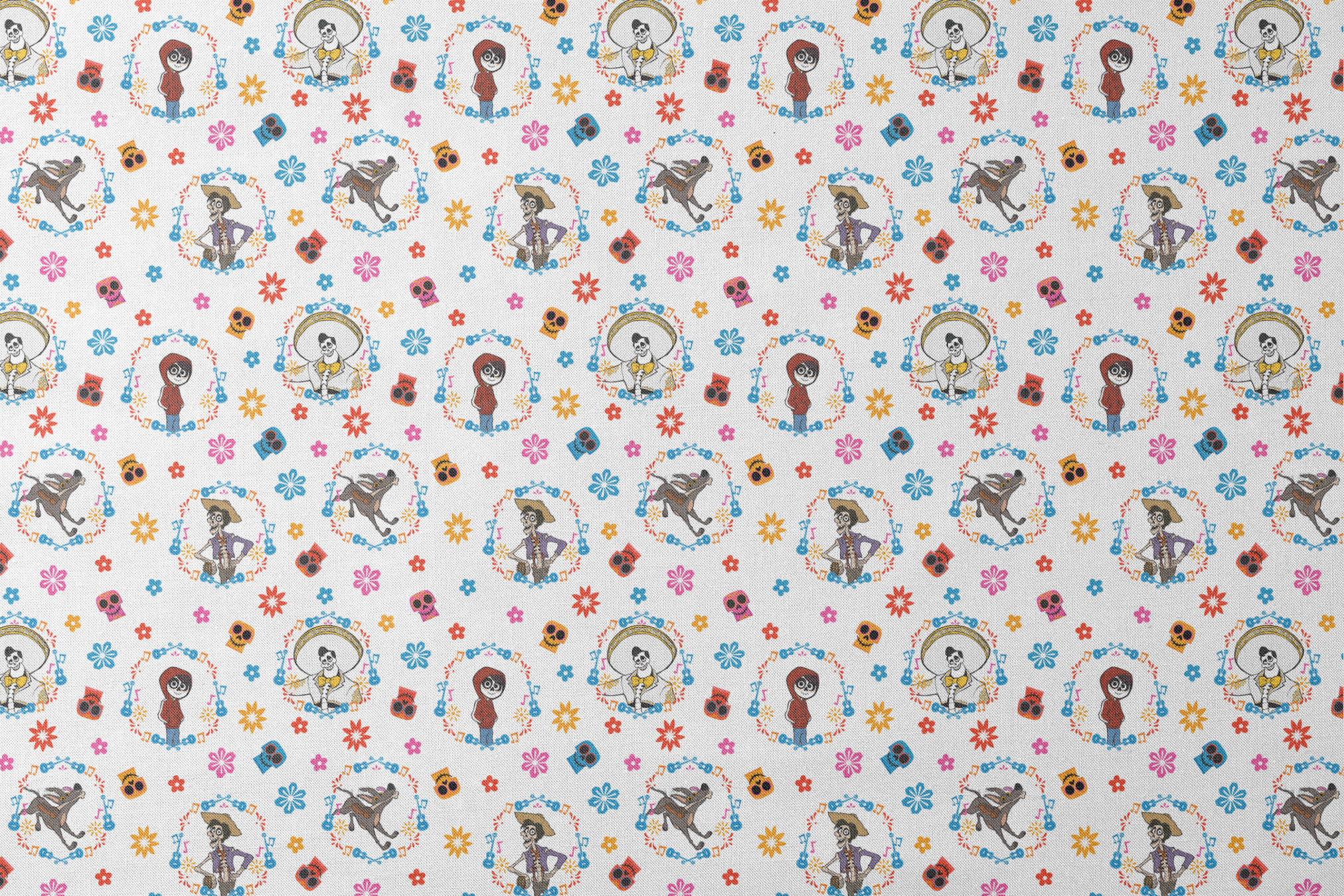 Colorful Coco pattern with Day of the Dead skeleton characters in floral wreaths, sugar skulls, and bright flowers on white background designs flat mockup