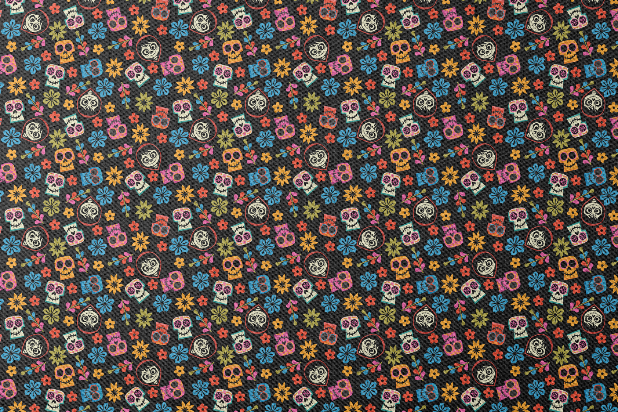 Colorful Coco sugar skull pattern with floral designs on black background for Day of the Dead designs flat mockup