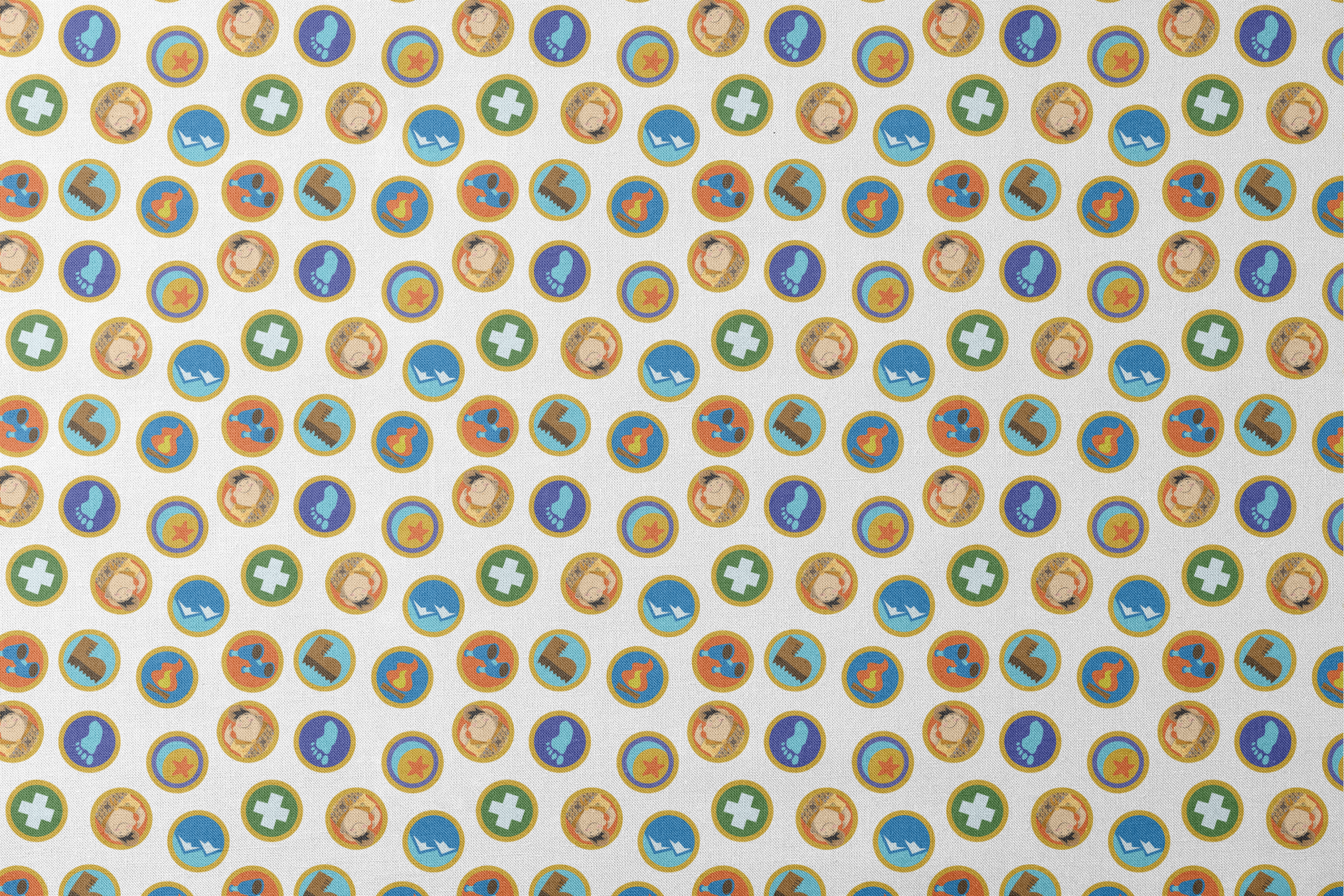 Colorful Up-inspired circular badges with outdoor adventure symbols including footprint, star, first aid cross, boots, and hiking equipment. designs flat mockup