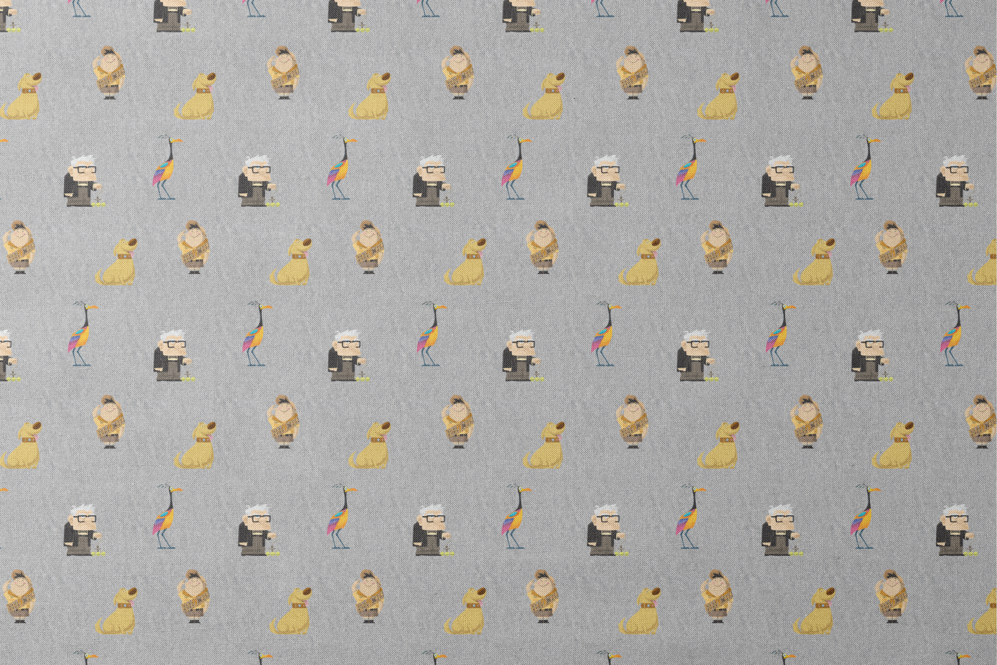 Up pattern with wilderness explorer characters, yellow birds, and colorful details on gray background designs flat mockup