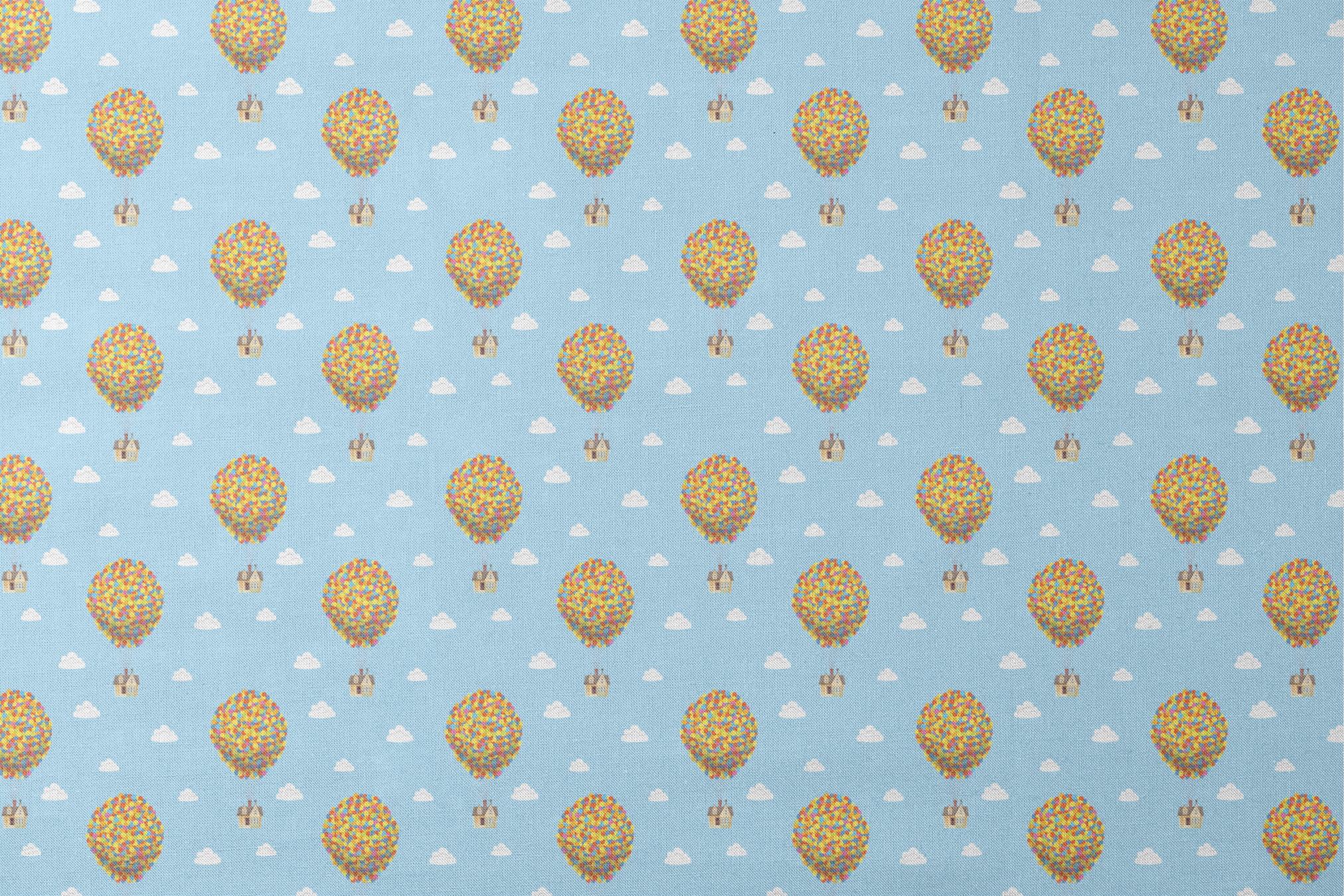 Repeating Up pattern of houses lifted by colorful balloon clusters against a light blue sky with white clouds designs flat mockup