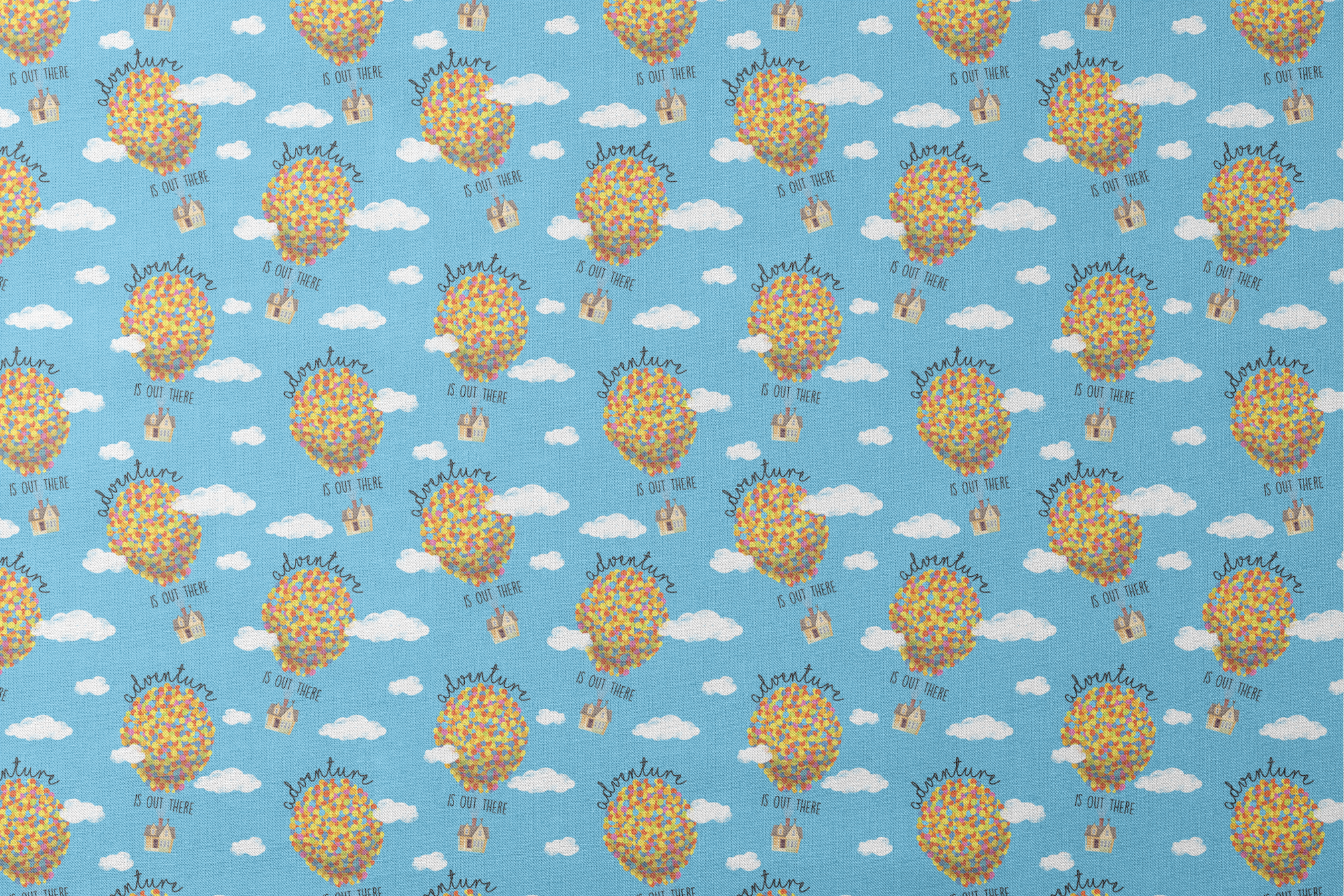 Colorful Up-inspired balloon houses floating in blue sky with text "Adventure is out there" repeating in pattern designs flat mockup