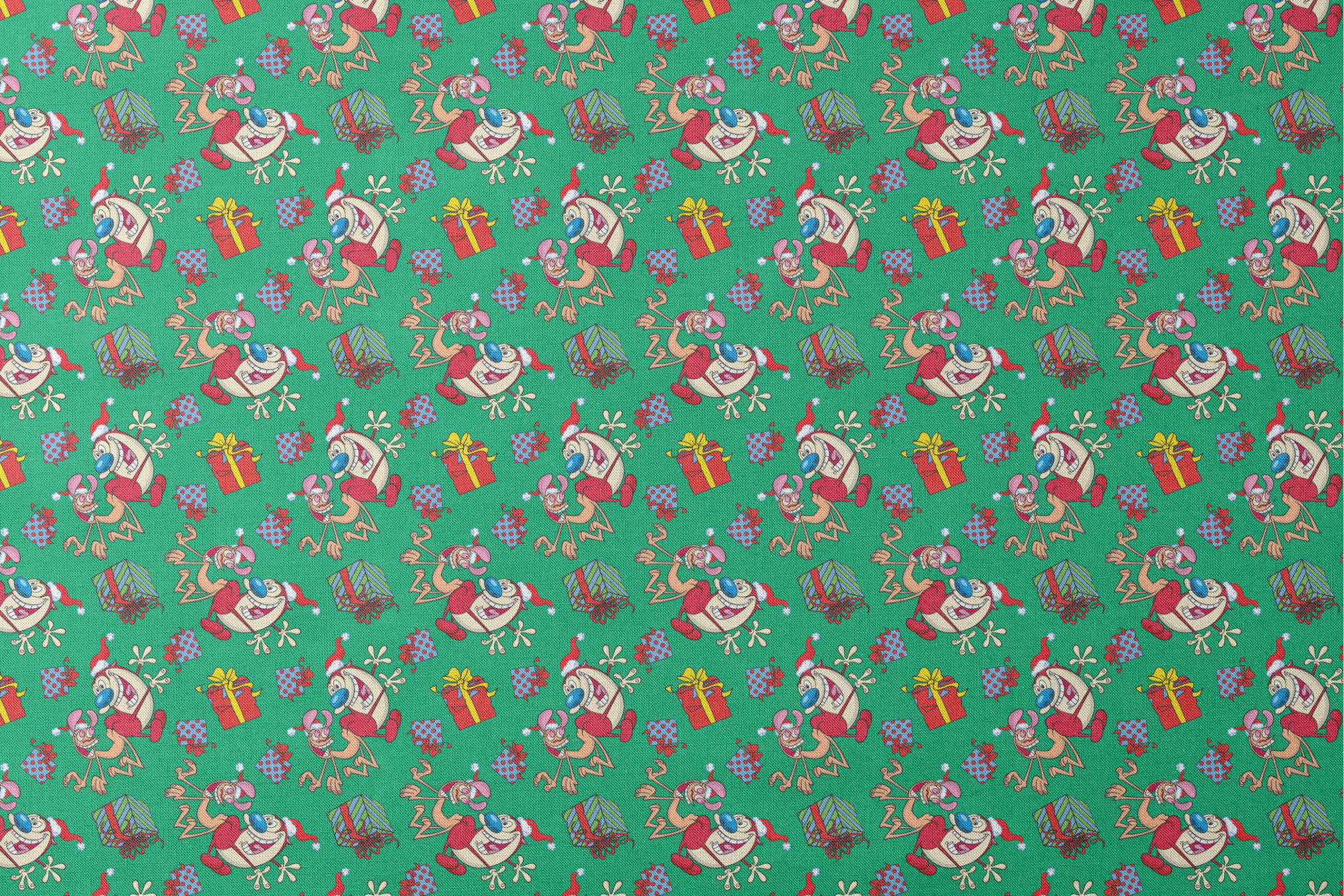 Whimsical cartoon Christmas pattern with elves, Santa figures, and colorful gifts on green background designs flat mockup