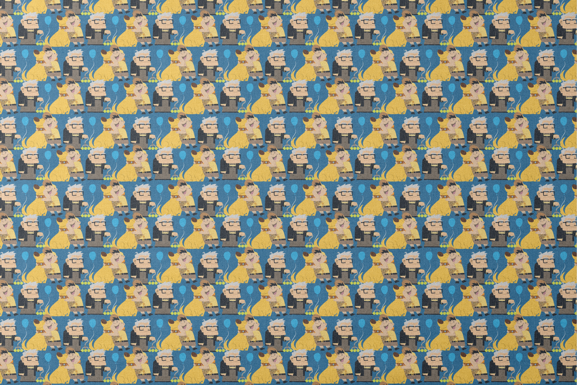 Cartoon pattern featuring characters from Pixar's "Up" with blue balloons, yellow dogs, and scouts designs flat mockup