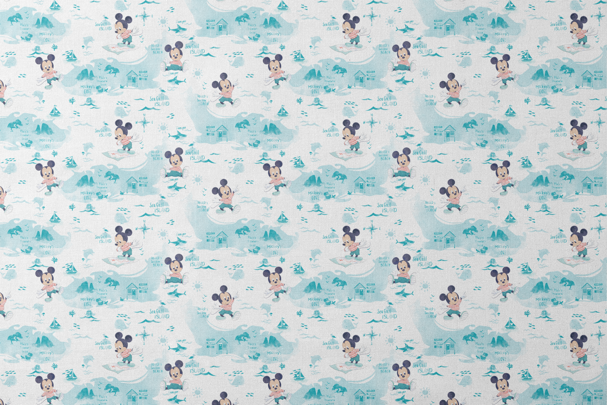 Cartoon Mickey Mouse pattern with turquoise ocean elements, sharks, waves, and "Safari" text designs flat mockup