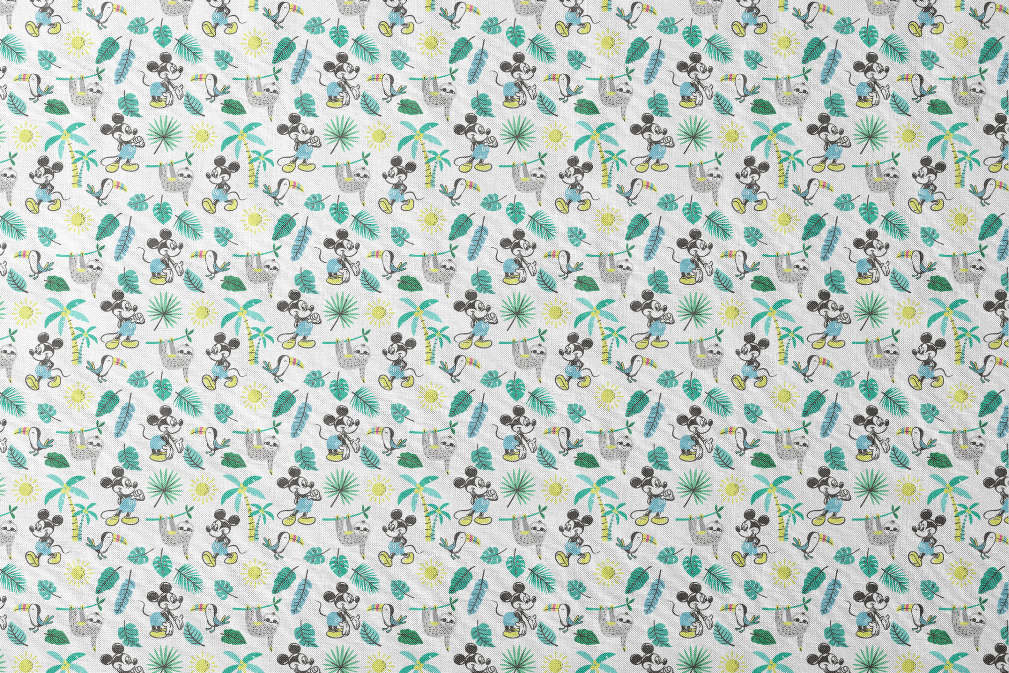 Tropical pattern with cartoon characters, sloths, toucans, palm leaves, and suns on white background designs flat mockup