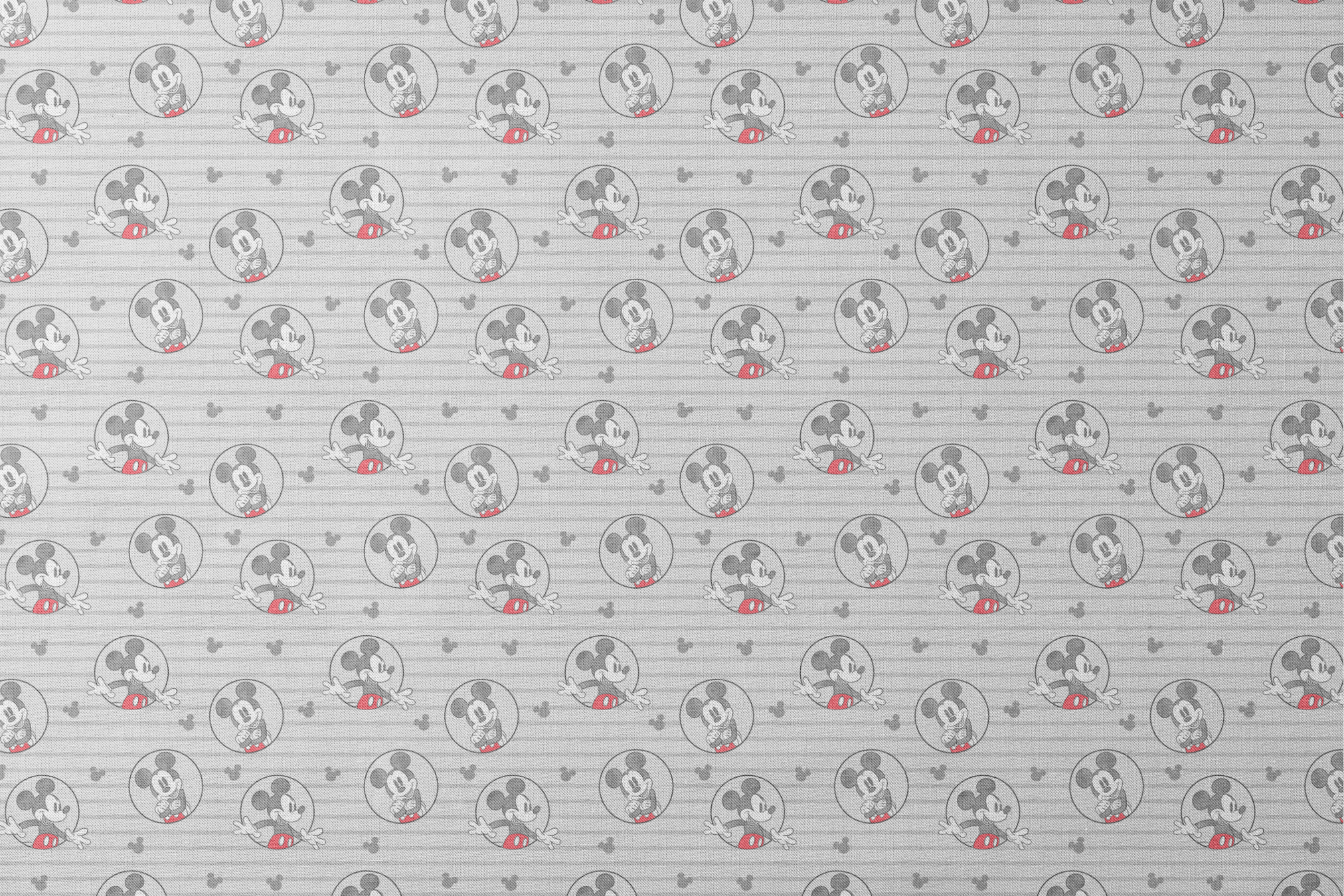 Mickey Mouse pattern on gray striped background with circular character portraits in red, black, and white designs flat mockup