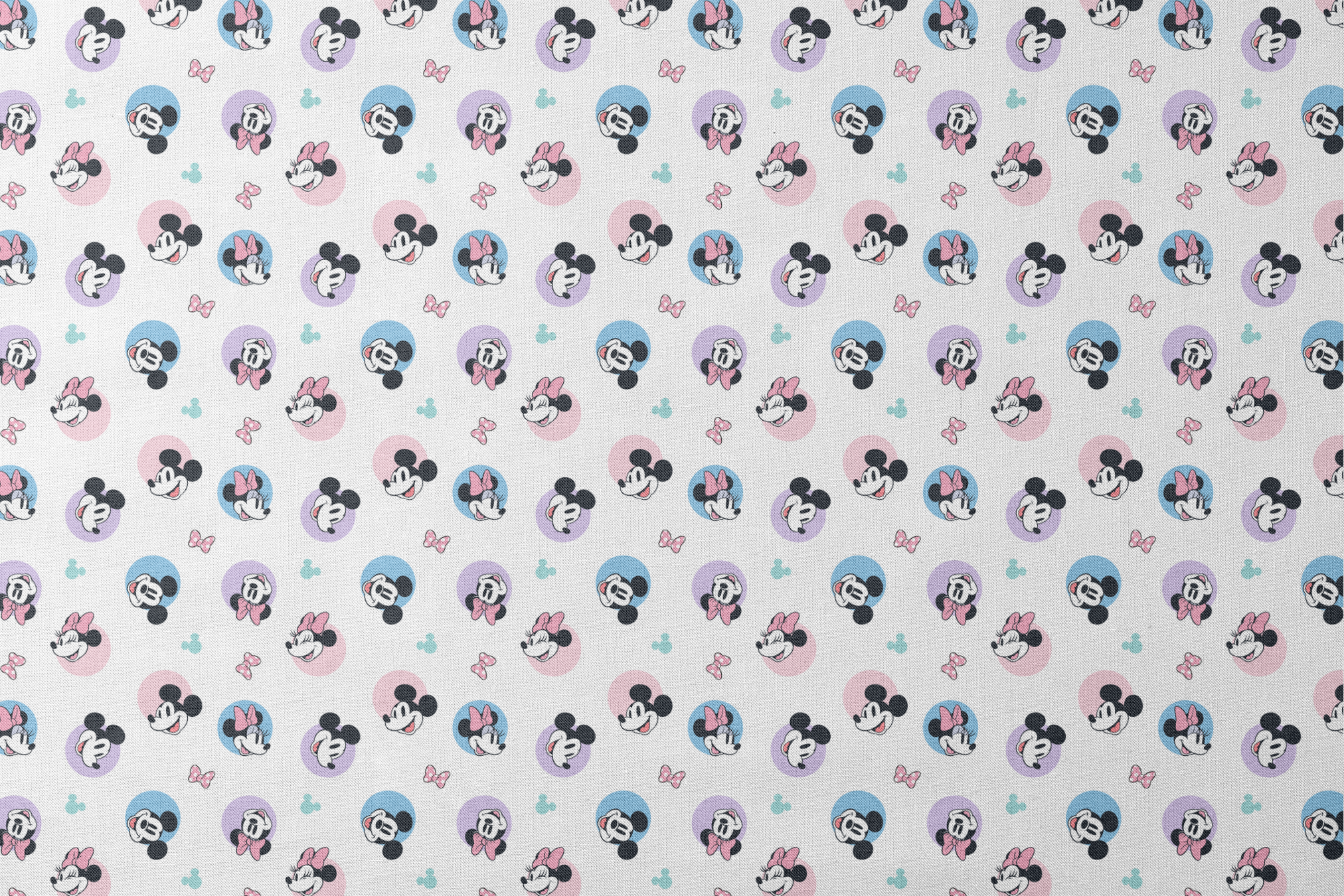 Disney Mickey and Minnie Mouse pattern with character heads on pastel circles, pink bows, and small Mickey icons designs flat mockup