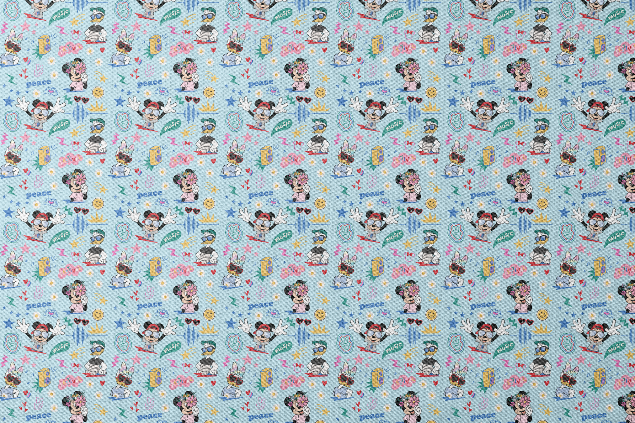 Colorful cartoon pattern with Disney characters, peace signs, stars, and music motifs on light blue background. designs flat mockup
