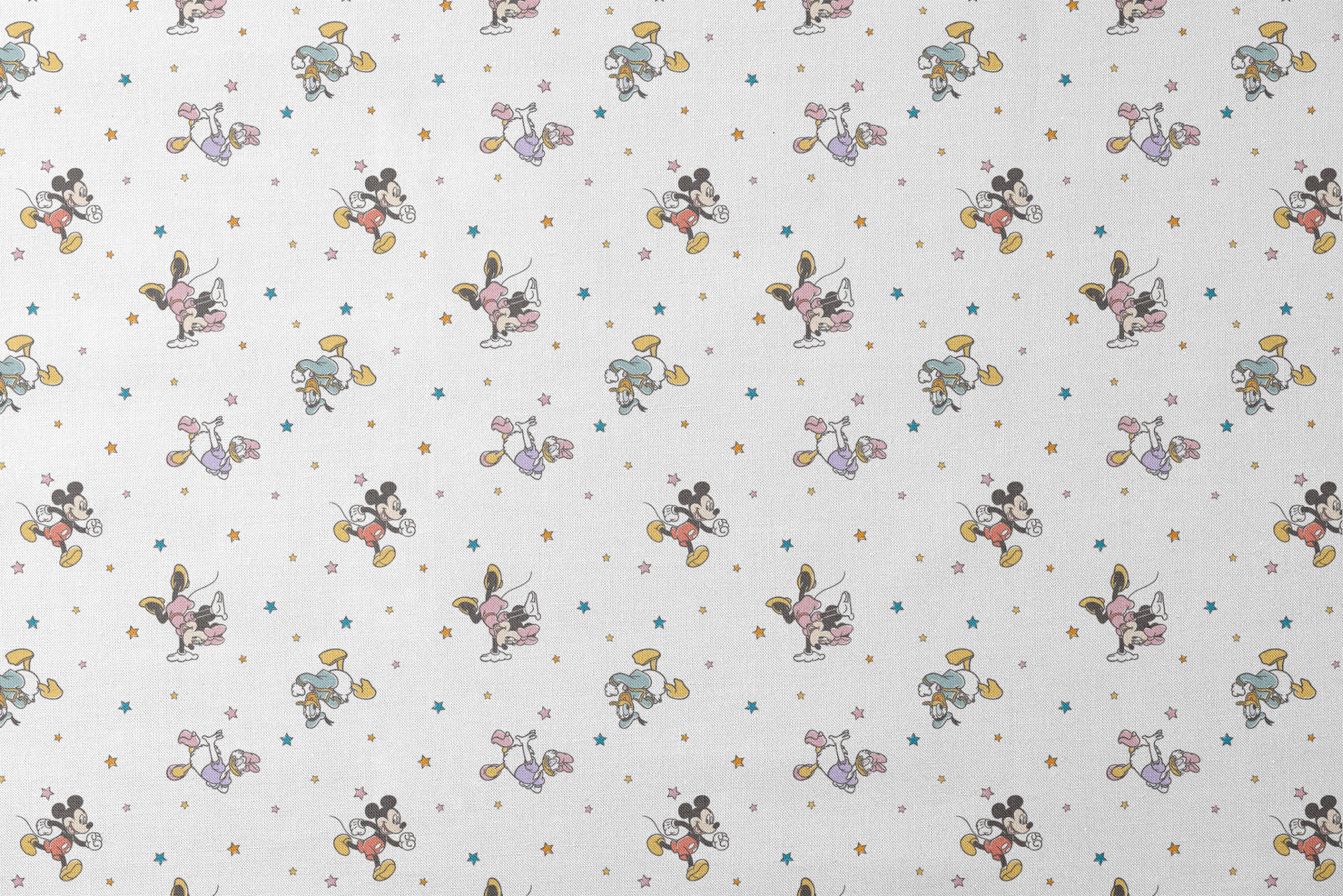 Disney characters pattern with Mickey Mouse and unicorns on white background with colorful stars designs flat mockup