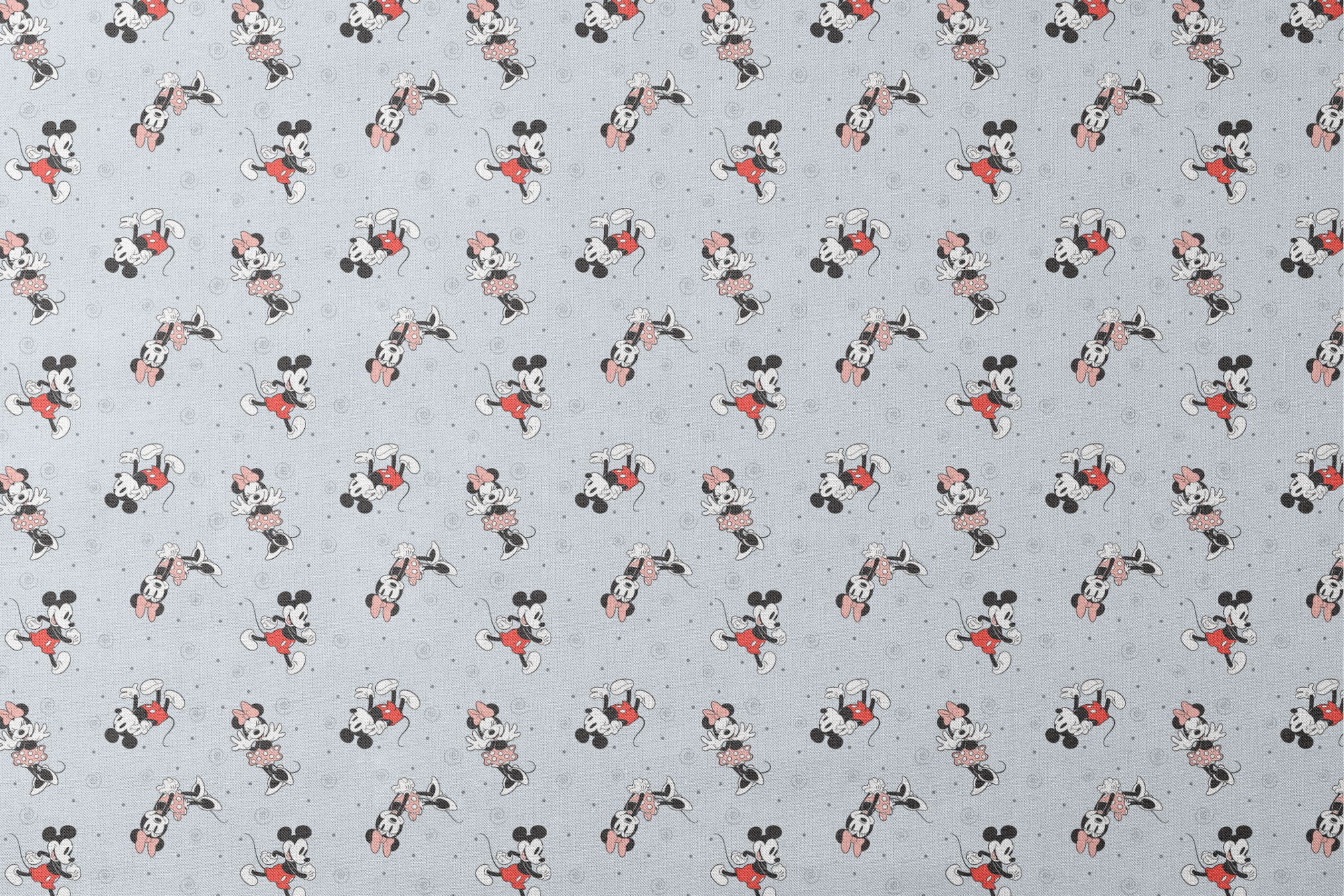 Classic Minnie and Mickey Mouse pattern with characters in various poses on light blue background with swirls designs flat mockup