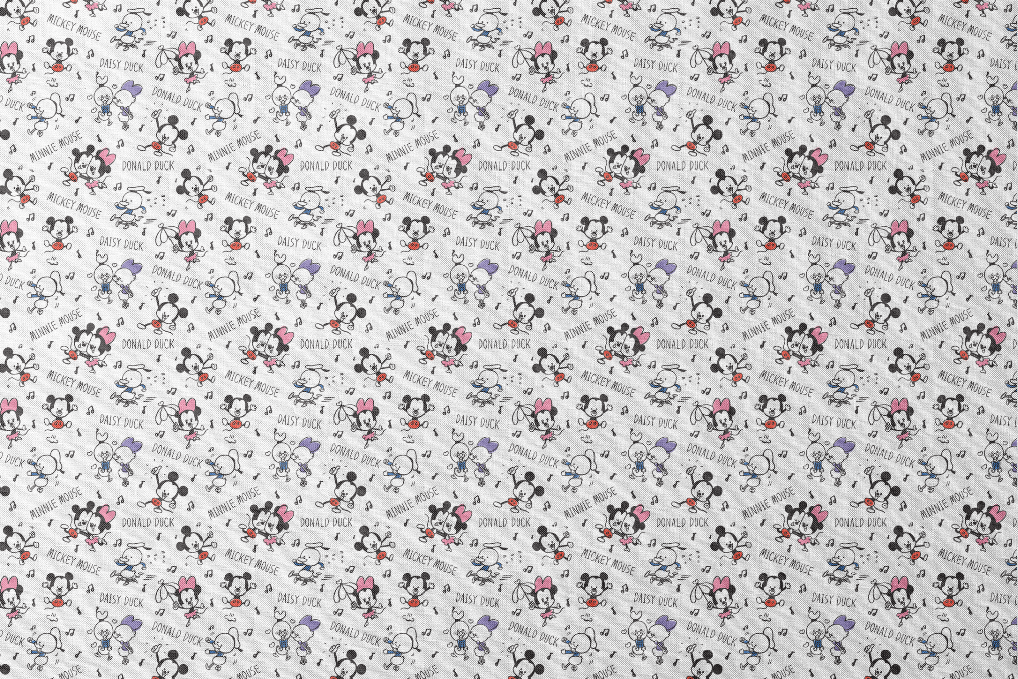 Classic Disney cartoon characters pattern with Mickey, Minnie, Donald, and Daisy with musical notes on white background. designs flat mockup