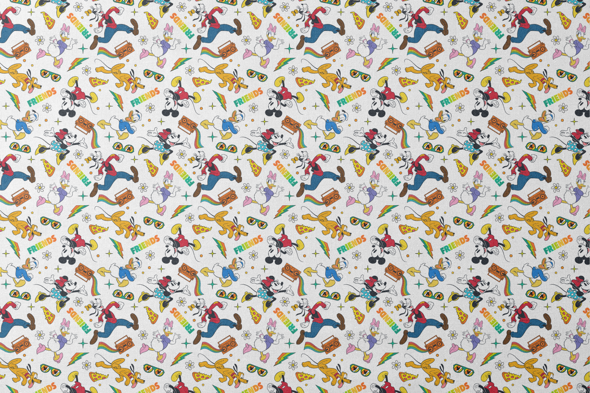 Cartoon pattern featuring classic Disney characters with radios, rainbows, sunglasses and "FRIENDS" text on white background. designs flat mockup