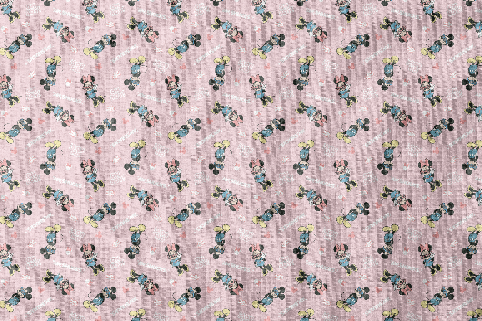 Disney cartoon characters on pink background with expressions "Oh Boy" and "Aw Shucks" in repeating pattern designs flat mockup