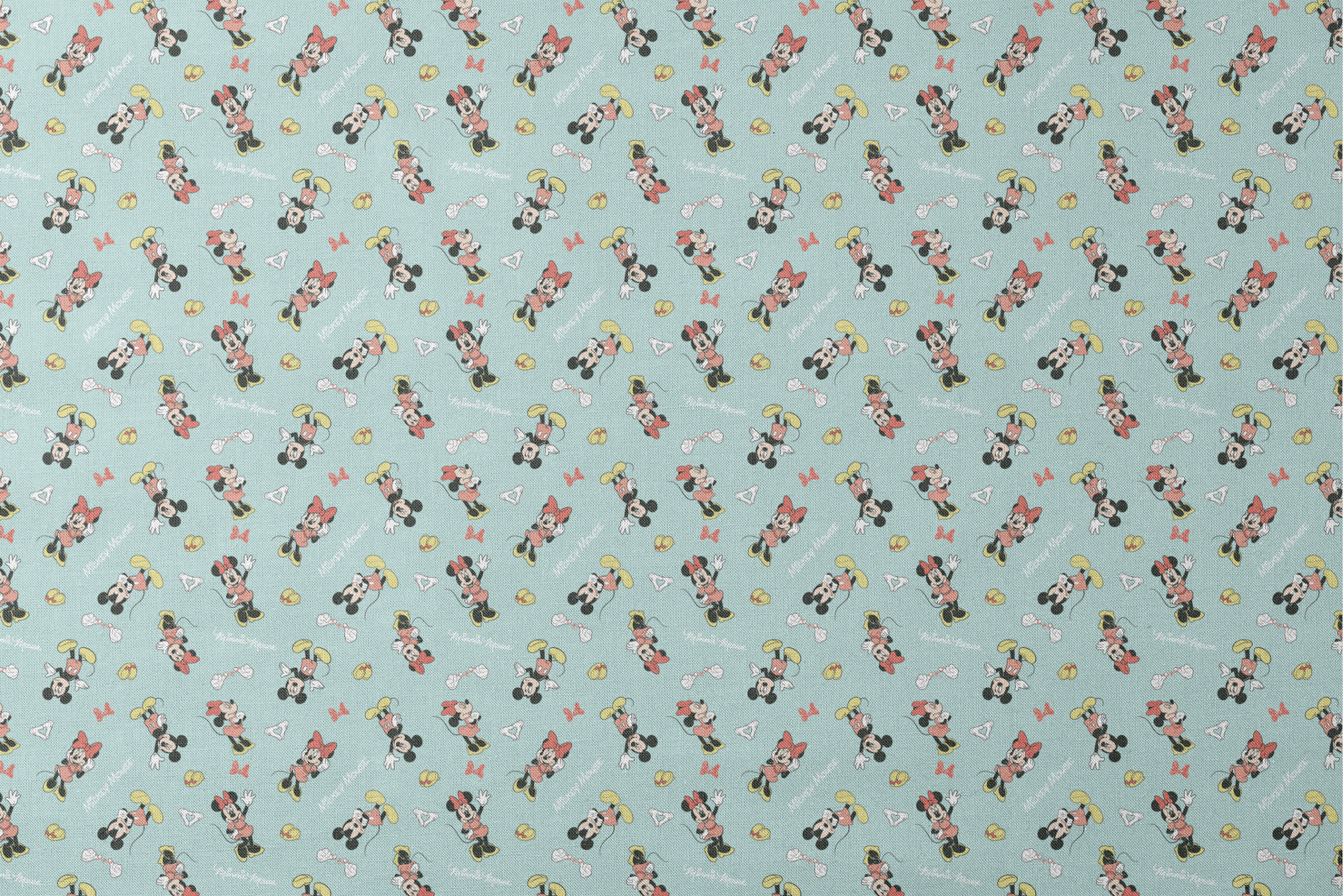 Mickey and Minnie Mouse pattern on light turquoise background with scattered characters, bows, and gloves designs flat mockup