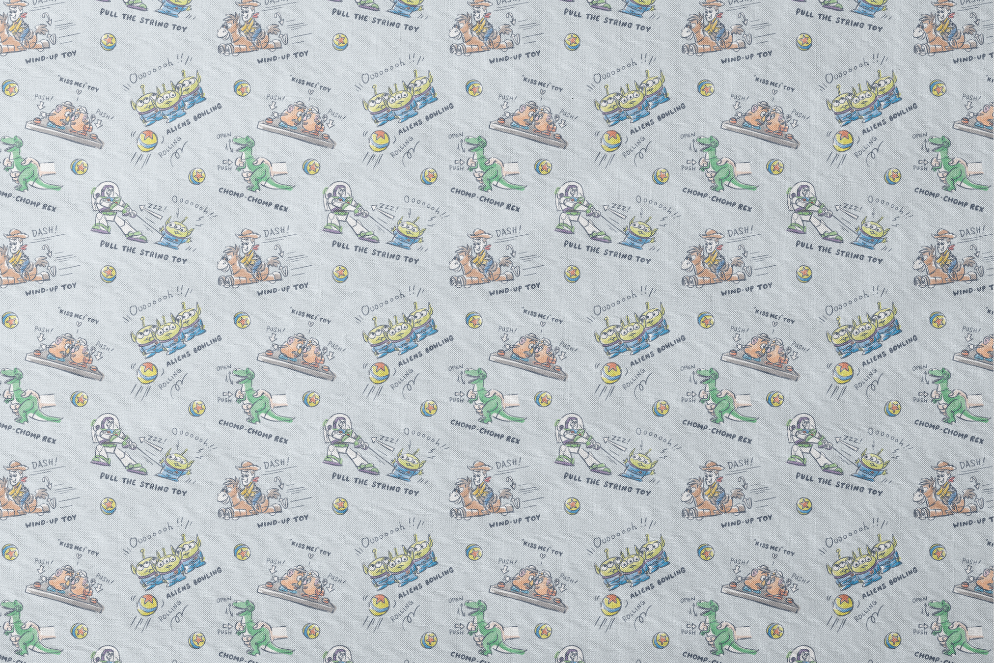 Illustrated Toy Story character designs showing wind-up, pull string, and action toys on light blue background designs flat mockup