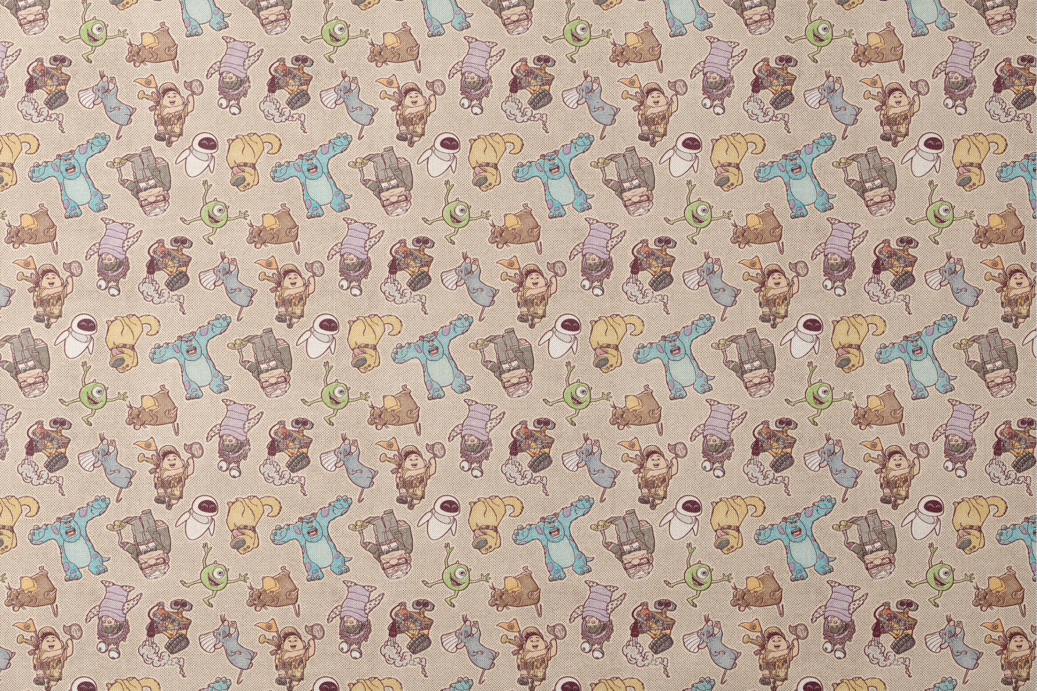 Cute cartoon pattern of Pixar characters including Wall-E, Sulley, and other characters on beige background designs flat mockup