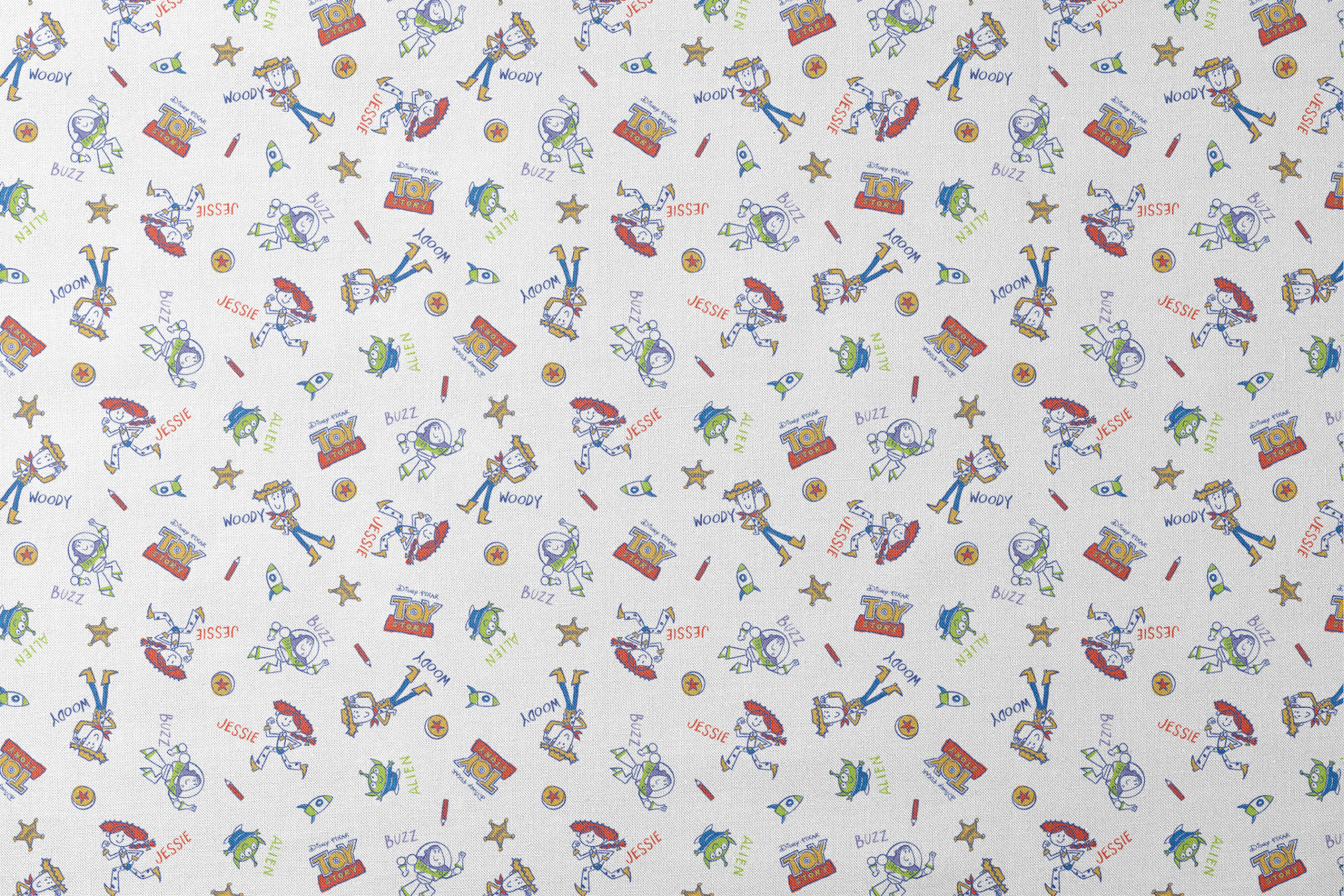 Toy Story pattern with Buzz Lightyear and Woody characters, stars, and spaceships on white background designs flat mockup