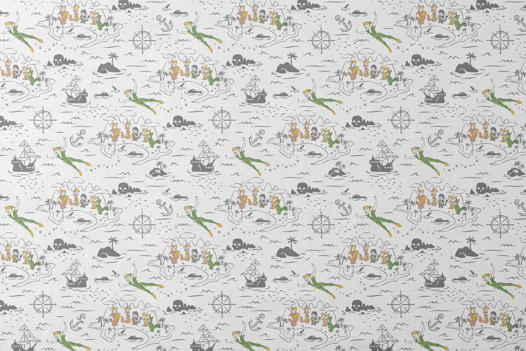 Peter Pan-inspired pattern with islands, ships, mermaids, compass roses, and pirate symbols in green, orange, and gray on white background designs flat mockup