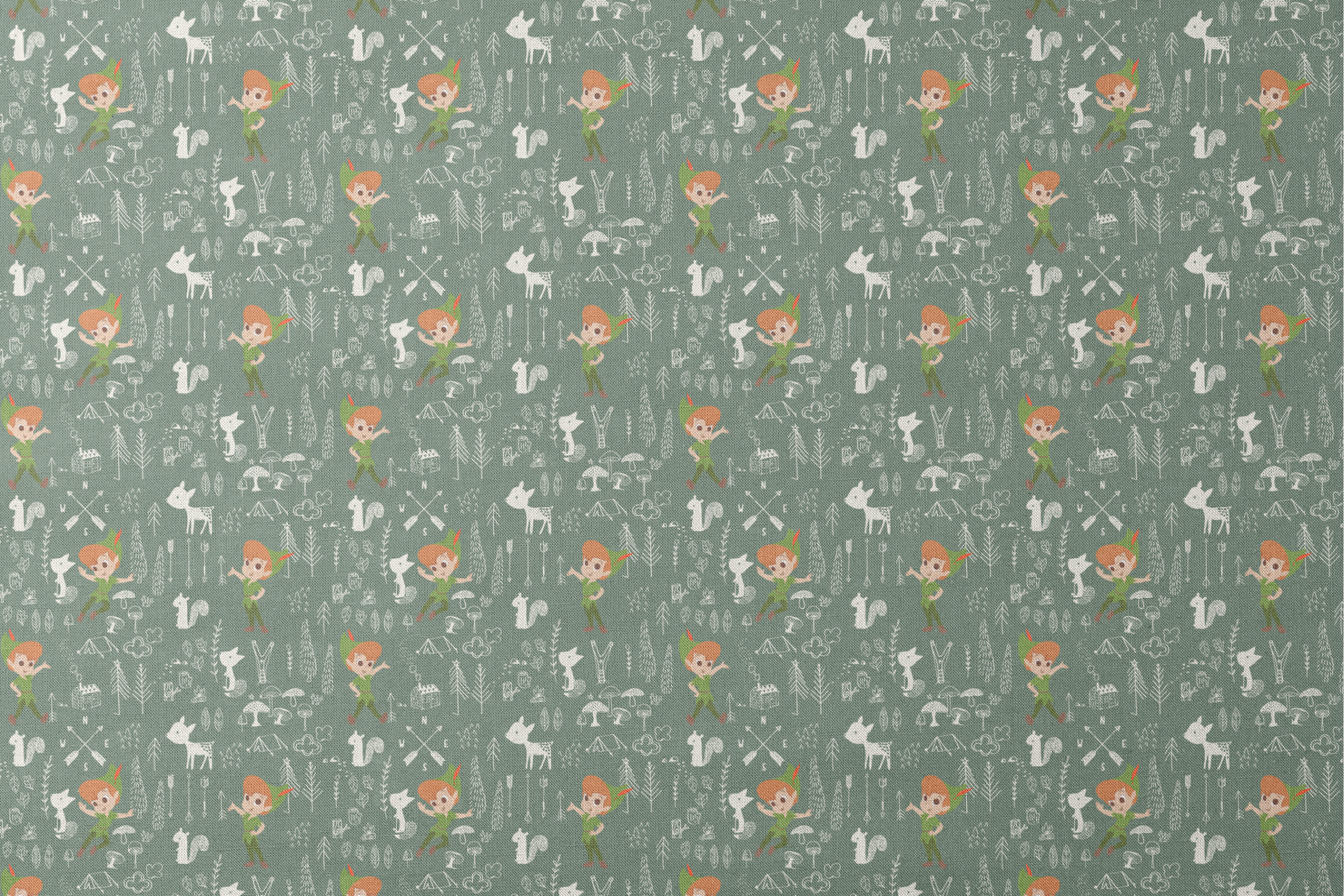 Illustrated forest pattern with cartoon characters in green outfits, white animals, and woodland elements on sage background. designs flat mockup