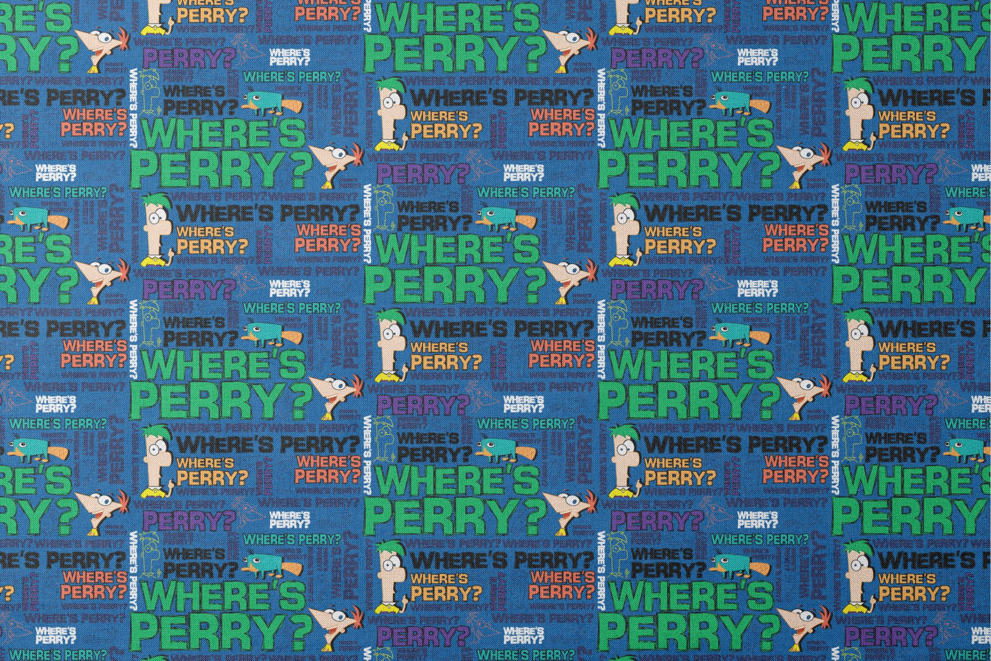 Phineas & Ferb pattern with "WHERE'S PERRY?" text repeated in various colors on blue background designs flat mockup